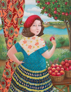 The Girl in Red Beret with apples - naive art, made in red, green, blue colors