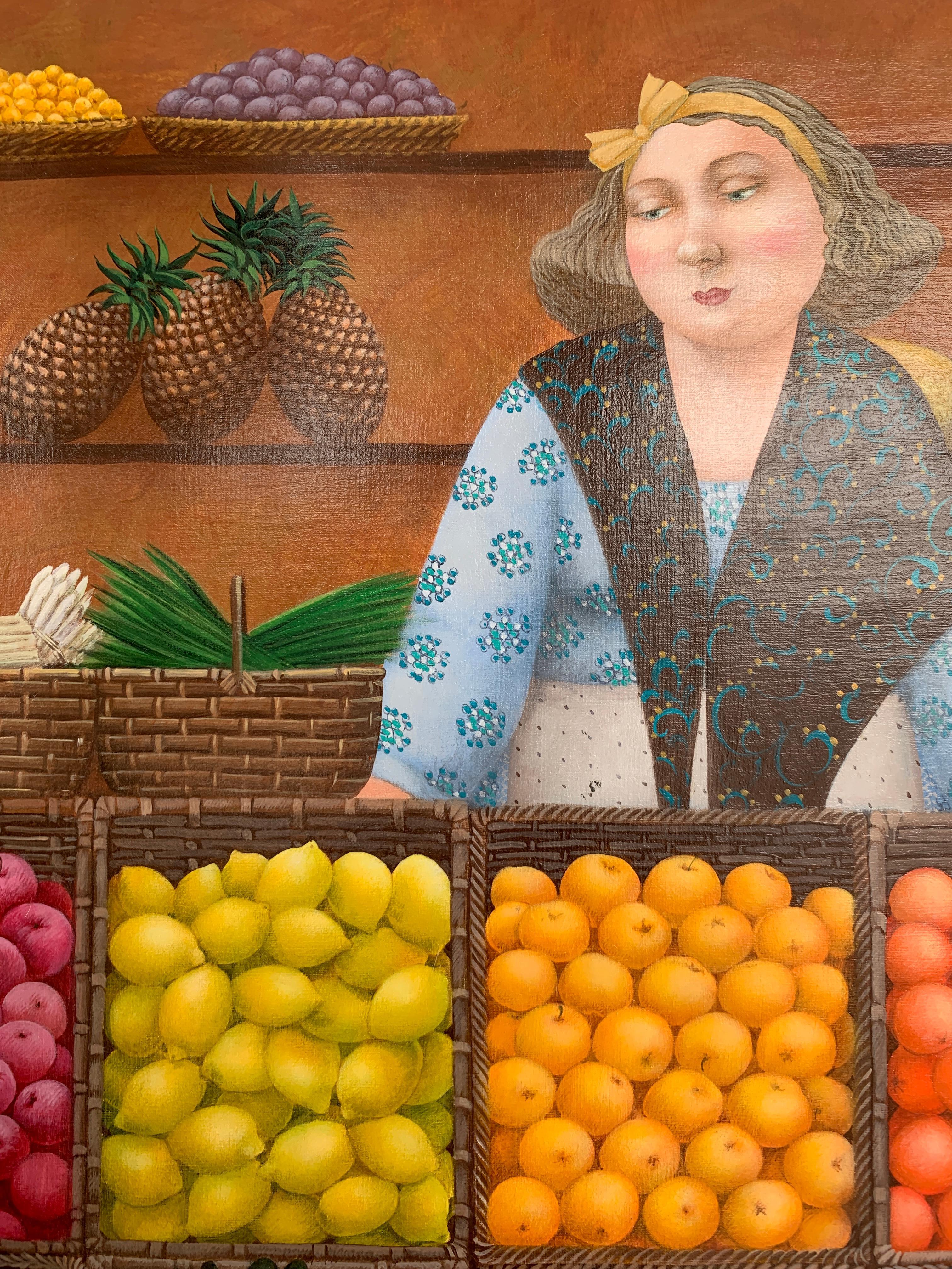 The Market (fruits, vegetables)-naive art, made in yellow, green, red, brown - Painting by Elena Narkevich