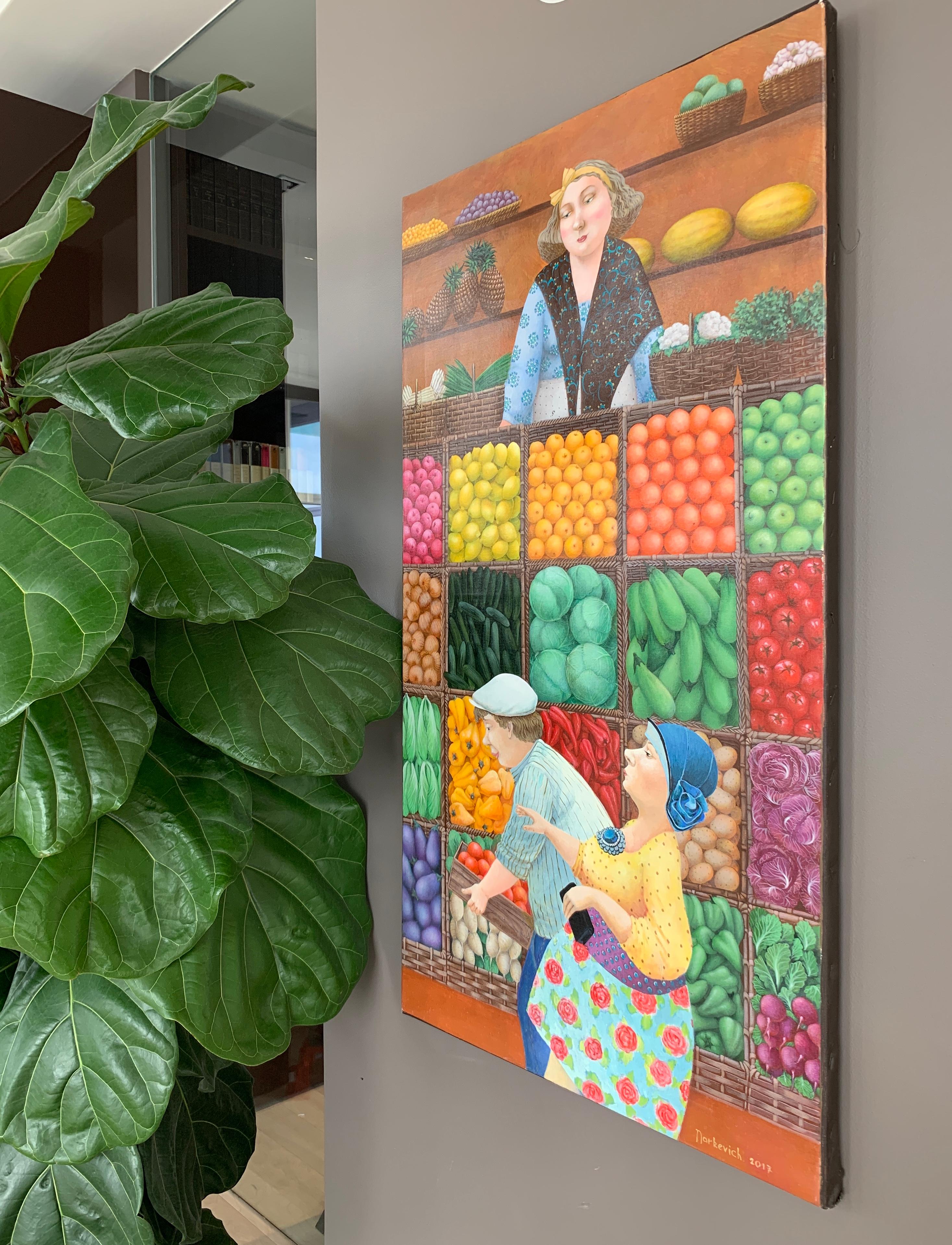 The Market (frutta, verdura) - arte naif, realizzata in giallo, verde, rosso, marrone - Interior Painting Nero di Elena Narkevich