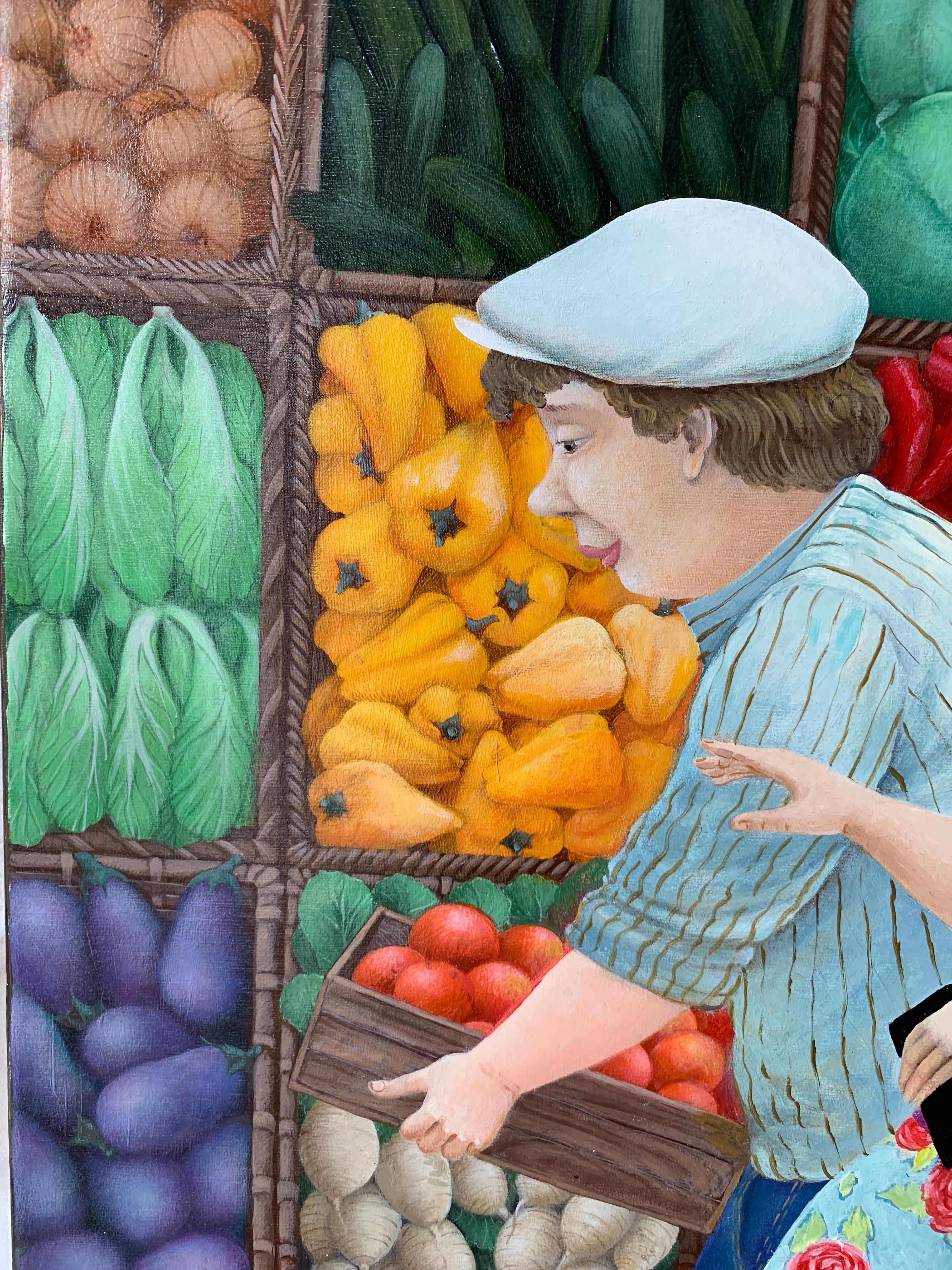 Market (Früchte, Gemüse) – naive Kunst, in Gelb, Grün, Rot und Braun gefertigt im Angebot 1
