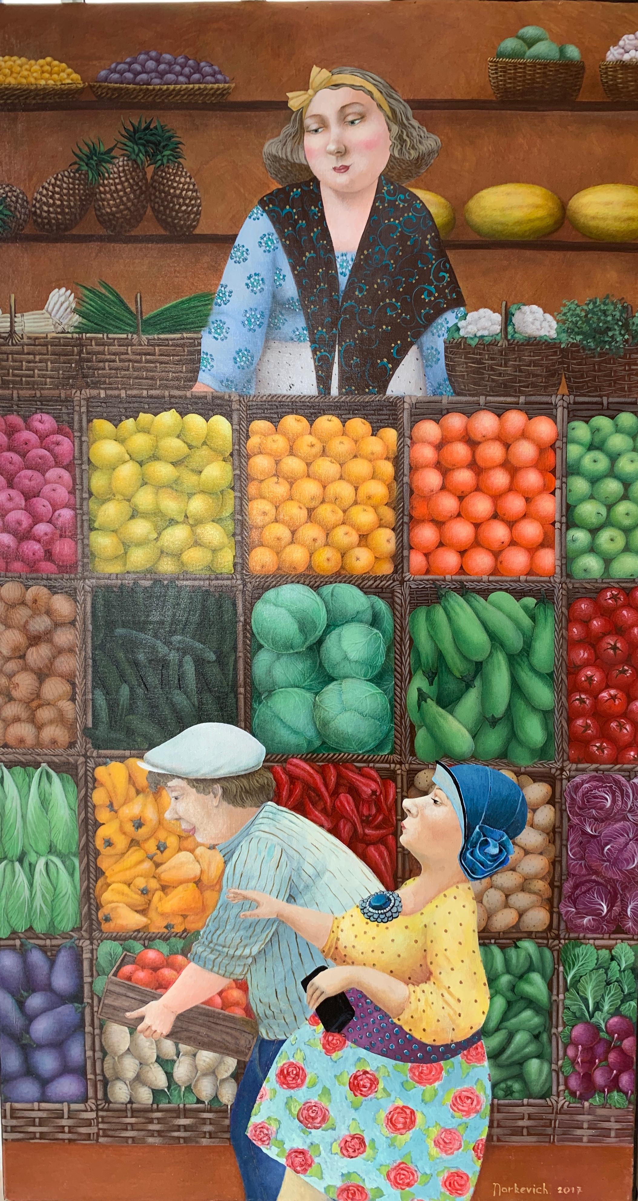 The Market (fruits, vegetables)-naive art, made in yellow, green, red, brown