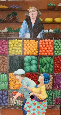 Le marché ( fruits, légumes) - art naïf, réalisé en jaune, vert, rouge, brun