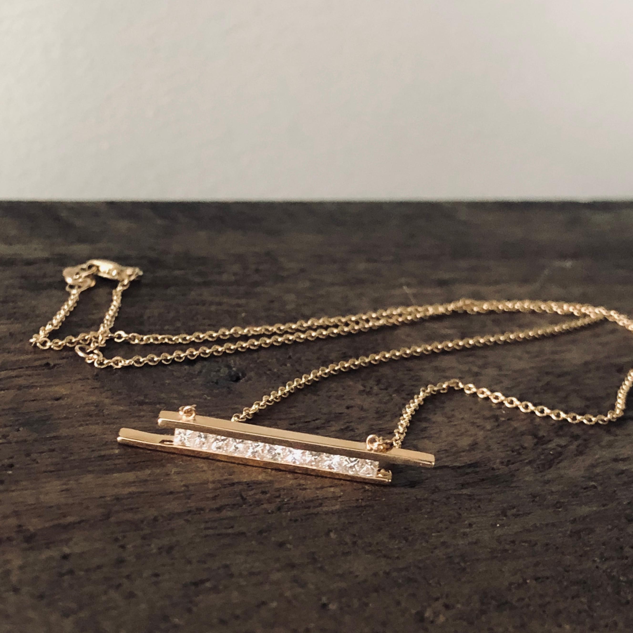 Contemporary Elena Necklace, Yellow Gold and Diamond Bar Necklace For Sale