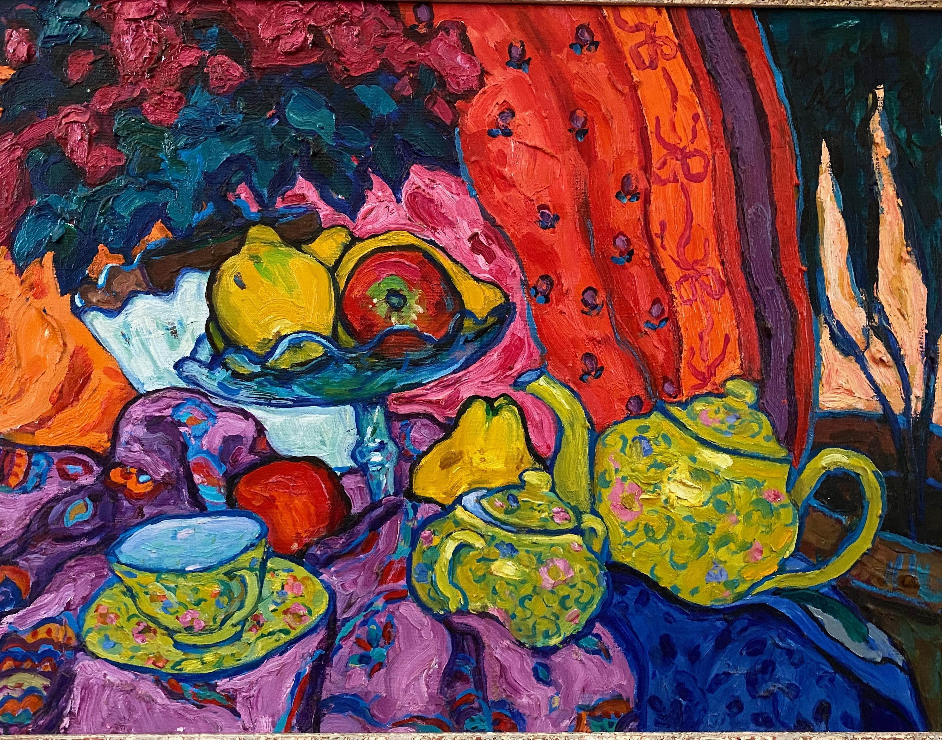 Still-life with teapot. Figurative and colorful Oil Painting in Fauvist style. For Sale 5