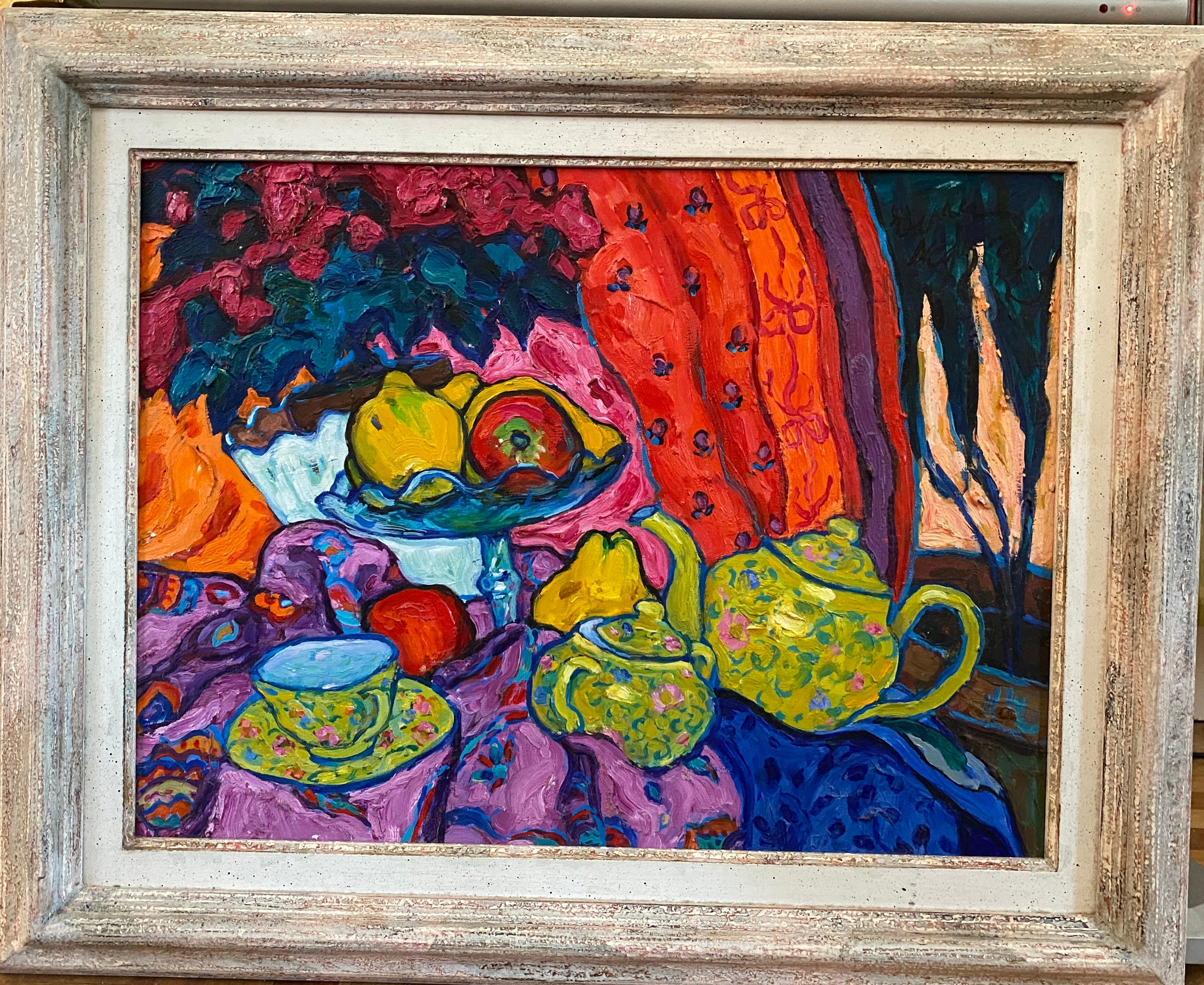 Still-life with teapot. Figurative and colorful Oil Painting in Fauvist style. For Sale 6