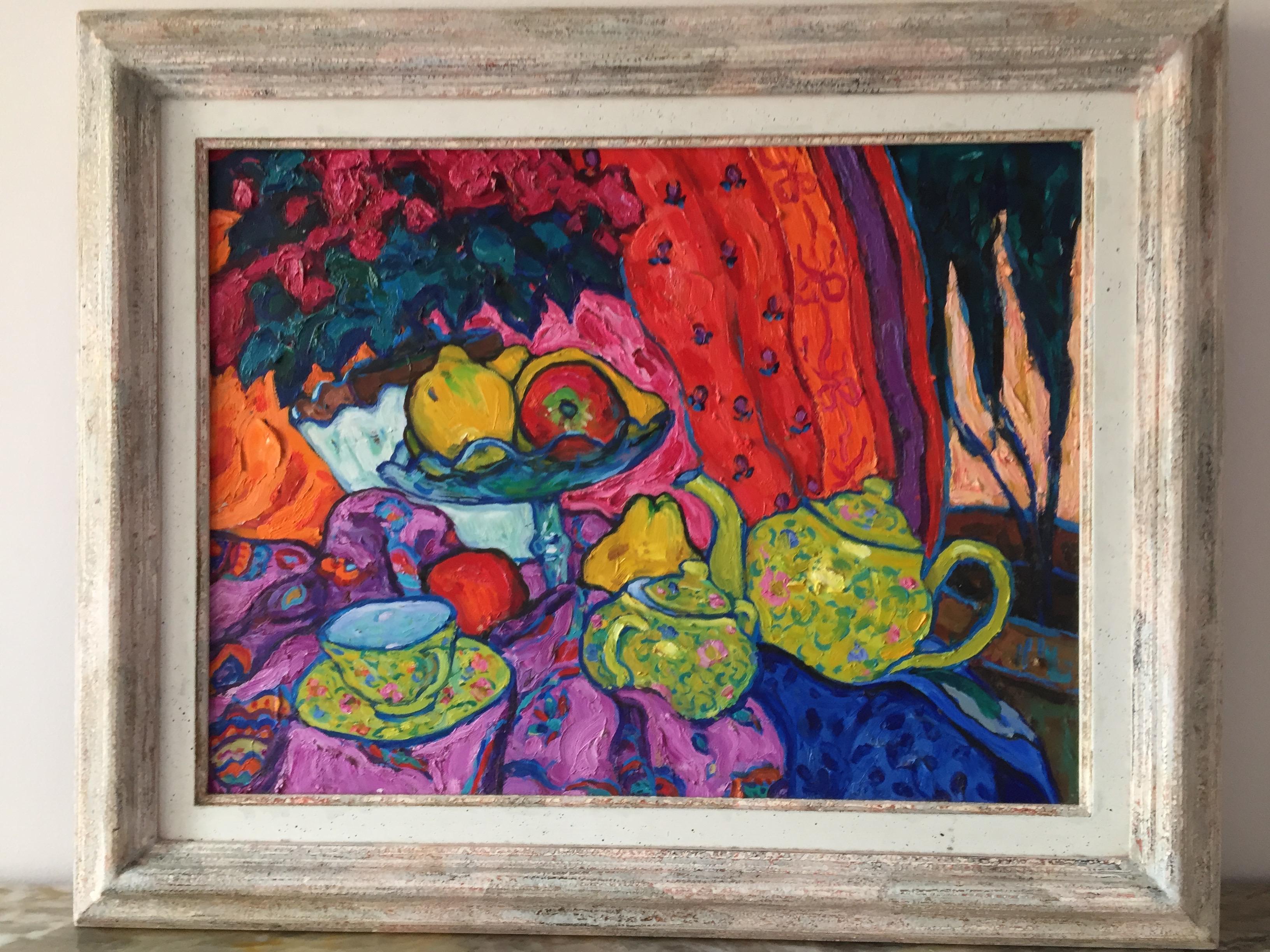 Still-life with teapot. Figurative and colorful Oil Painting in Fauvist style. - Black Still-Life Painting by Elena Negueroles