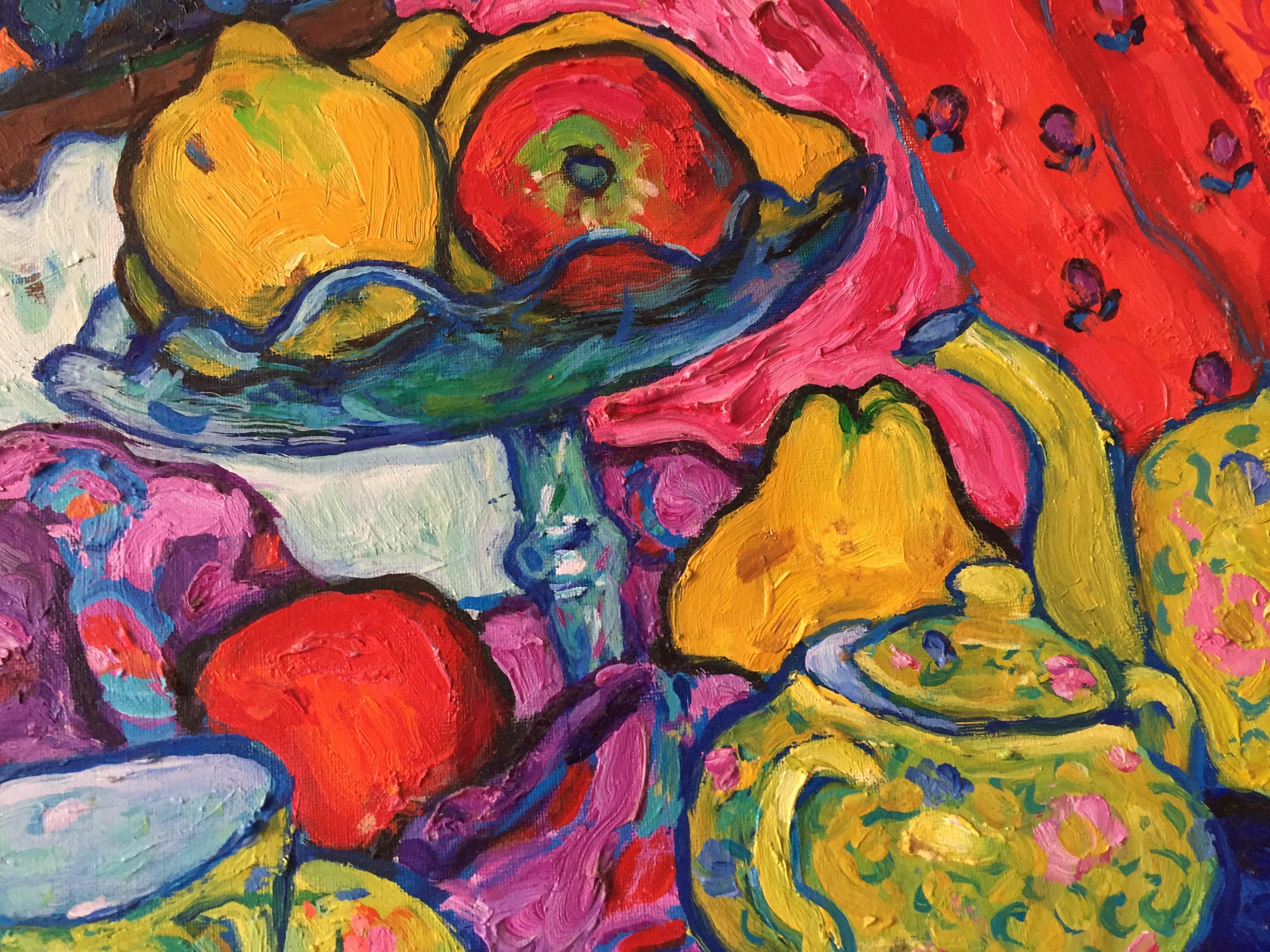 Still-life with teapot. Figurative and colorful Oil on canvas Painting in Fauvist style.
Author: Elena Negueroles (Spain)
Measurements in centimeters: 46 x 61 x 2 cm /  In inches: 18.11 x 24.02 x 0.79 