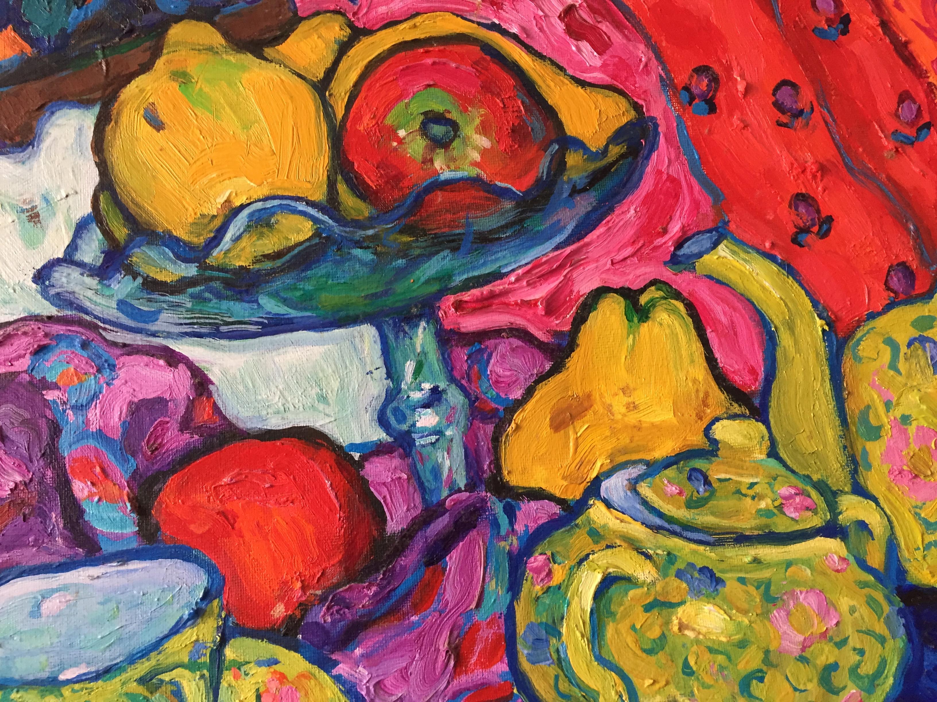 Still-life with teapot. Figurative and colorful Oil Painting in Fauvist style. For Sale 1