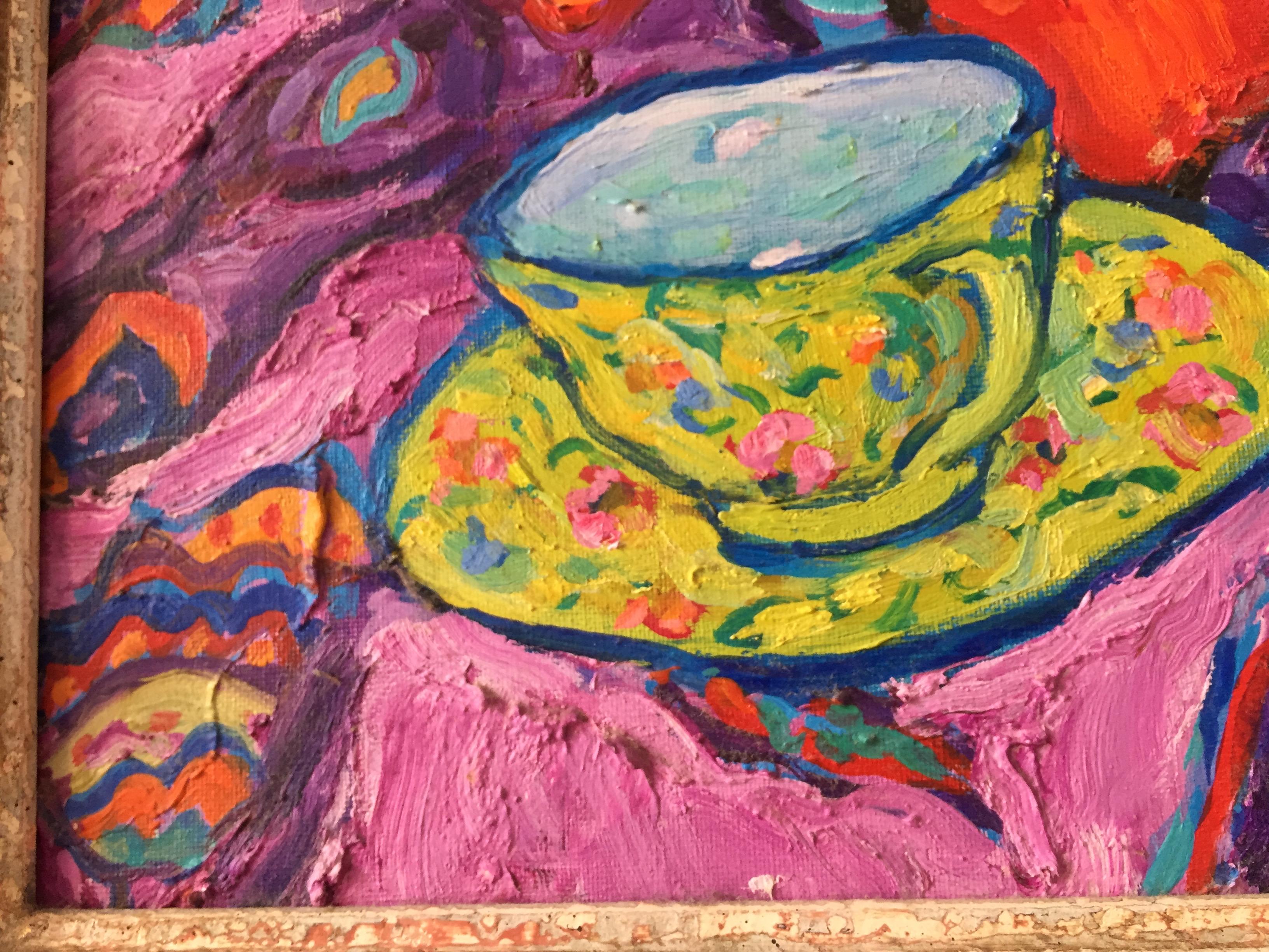 Still-life with teapot. Figurative and colorful Oil Painting in Fauvist style. For Sale 3