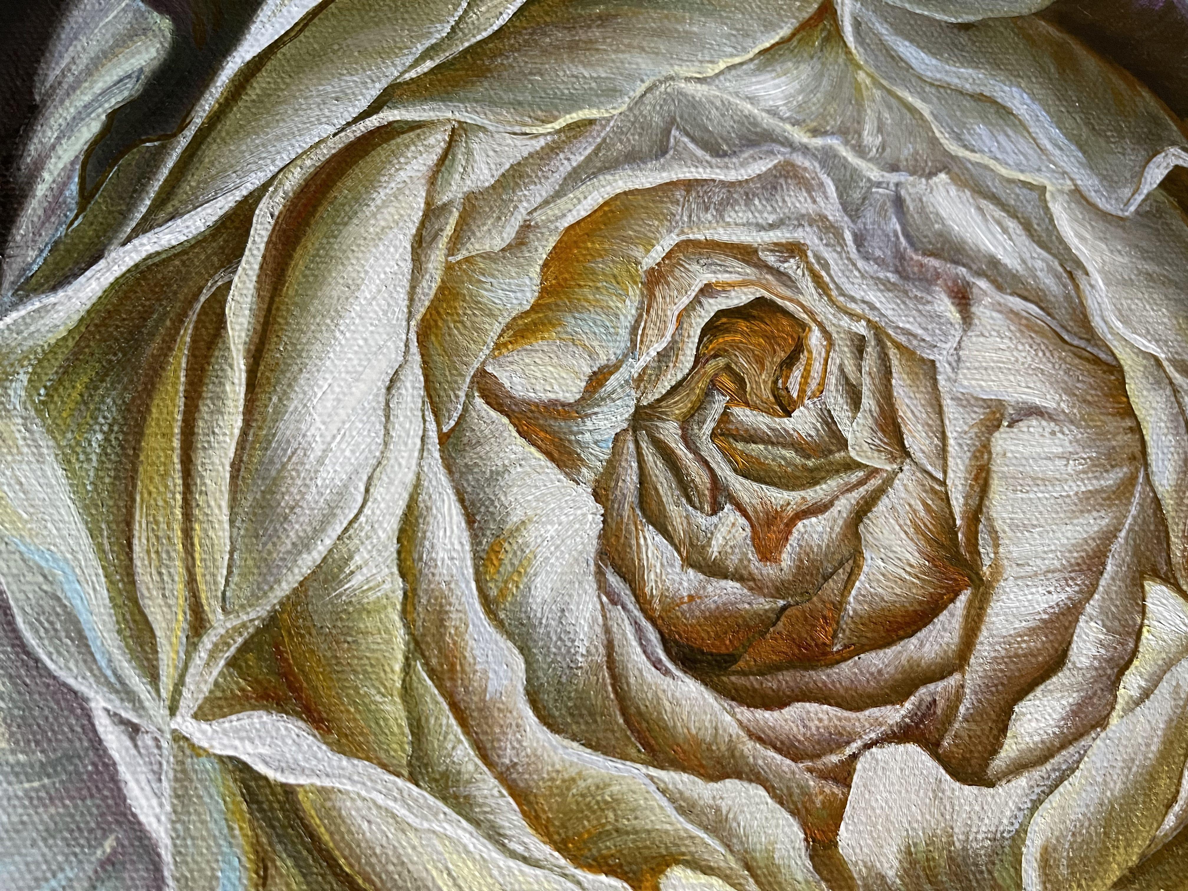 Cream rose on dark brown background, Painting, Oil on Canvas For Sale 1