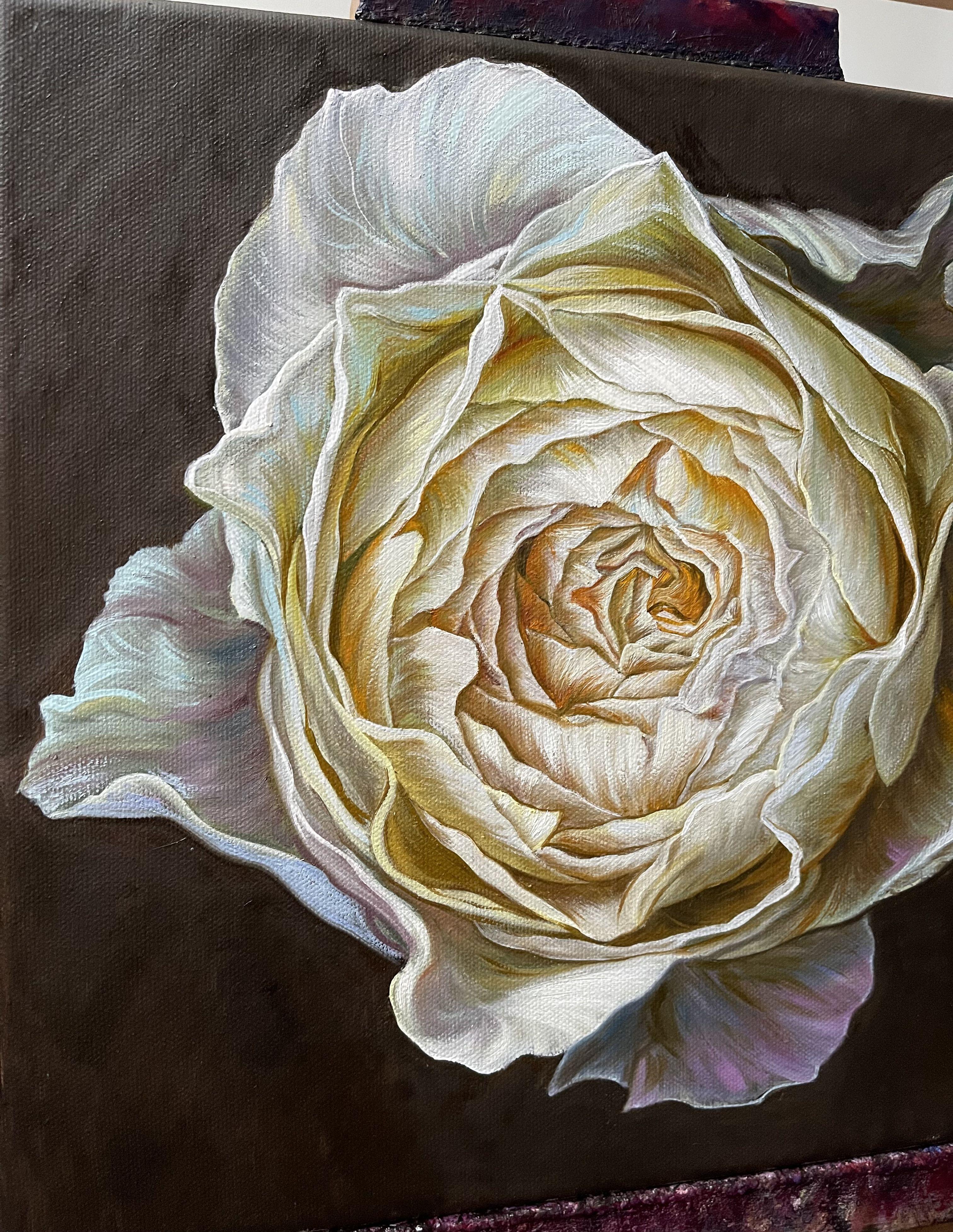 Cream rose on dark brown background, Painting, Oil on Canvas For Sale 4