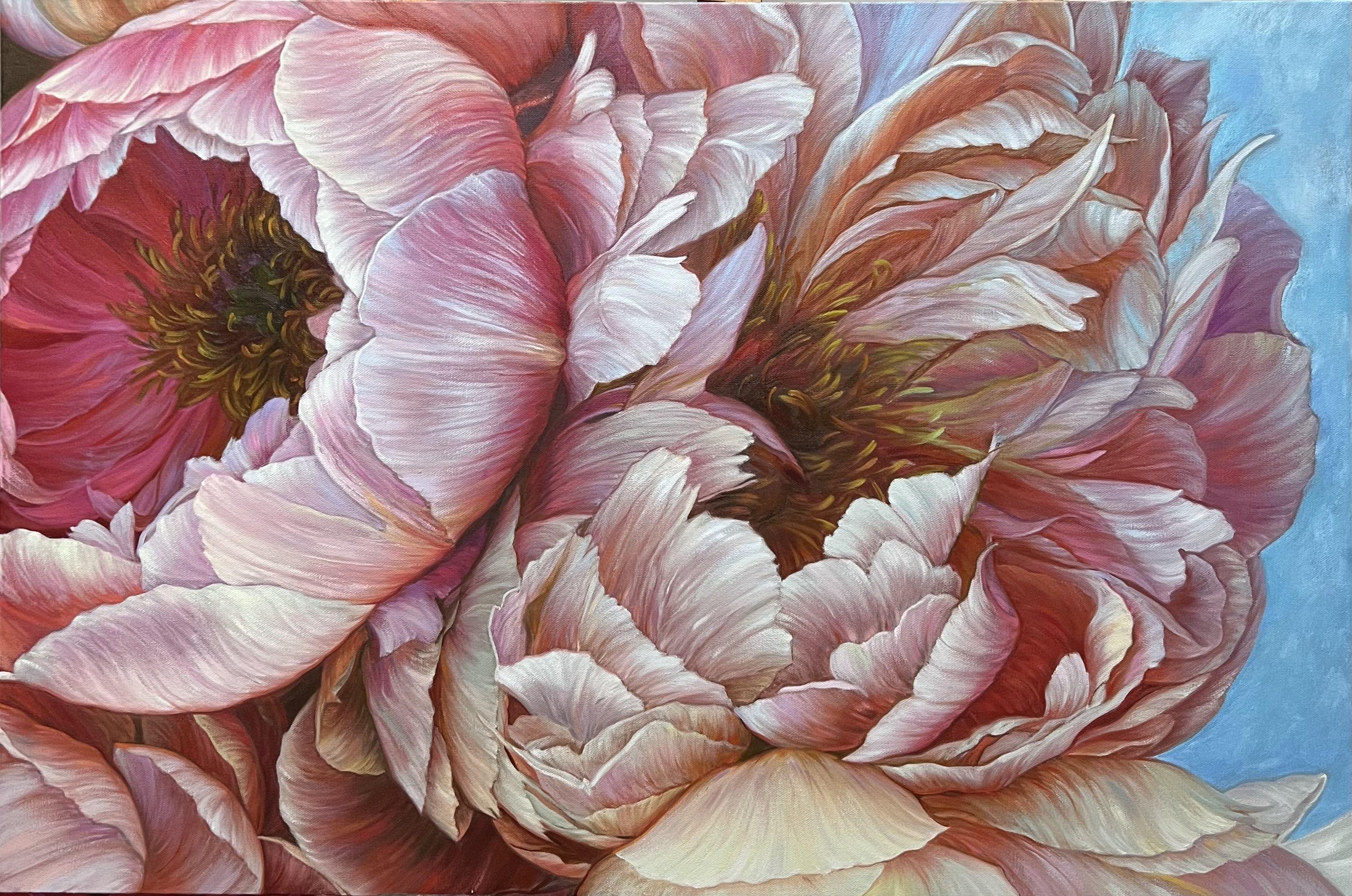Peonies, 2023 year  :: Painting :: Photorealism :: This piece comes with an official certificate of authenticity signed by the artist :: Ready to Hang: Yes :: Signed: Yes :: Signature Location: Podmarkova  :: Canvas :: Landscape :: Original ::