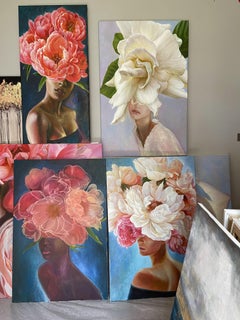 Portrait with flowers 2, Painting, Oil on Canvas