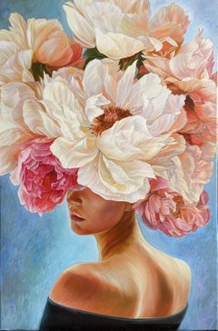 Portrait with flowers 2, Painting, Oil on Canvas