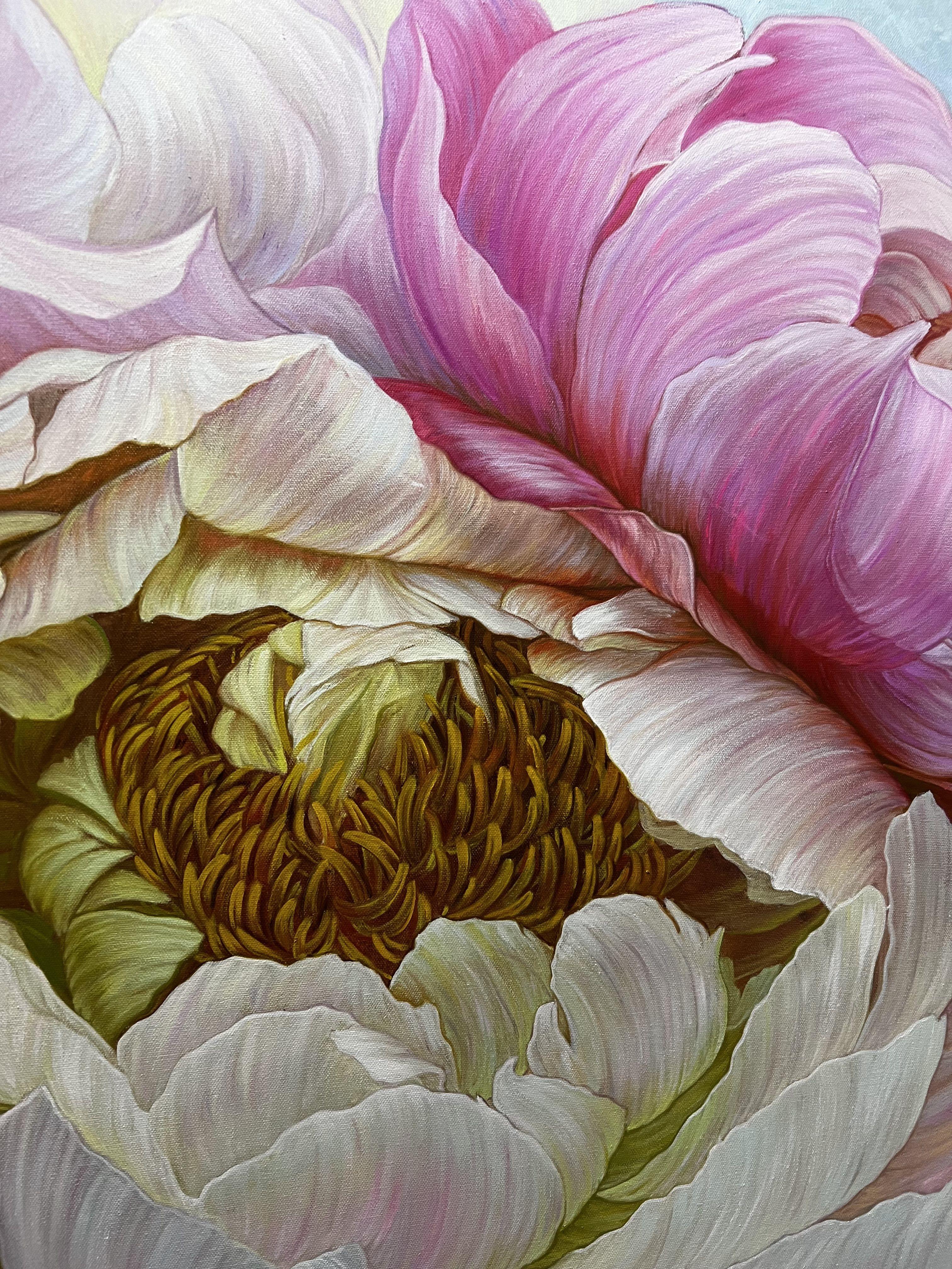 A pair of peonies in a delicate color, Painting, Oil on Canvas For Sale 2