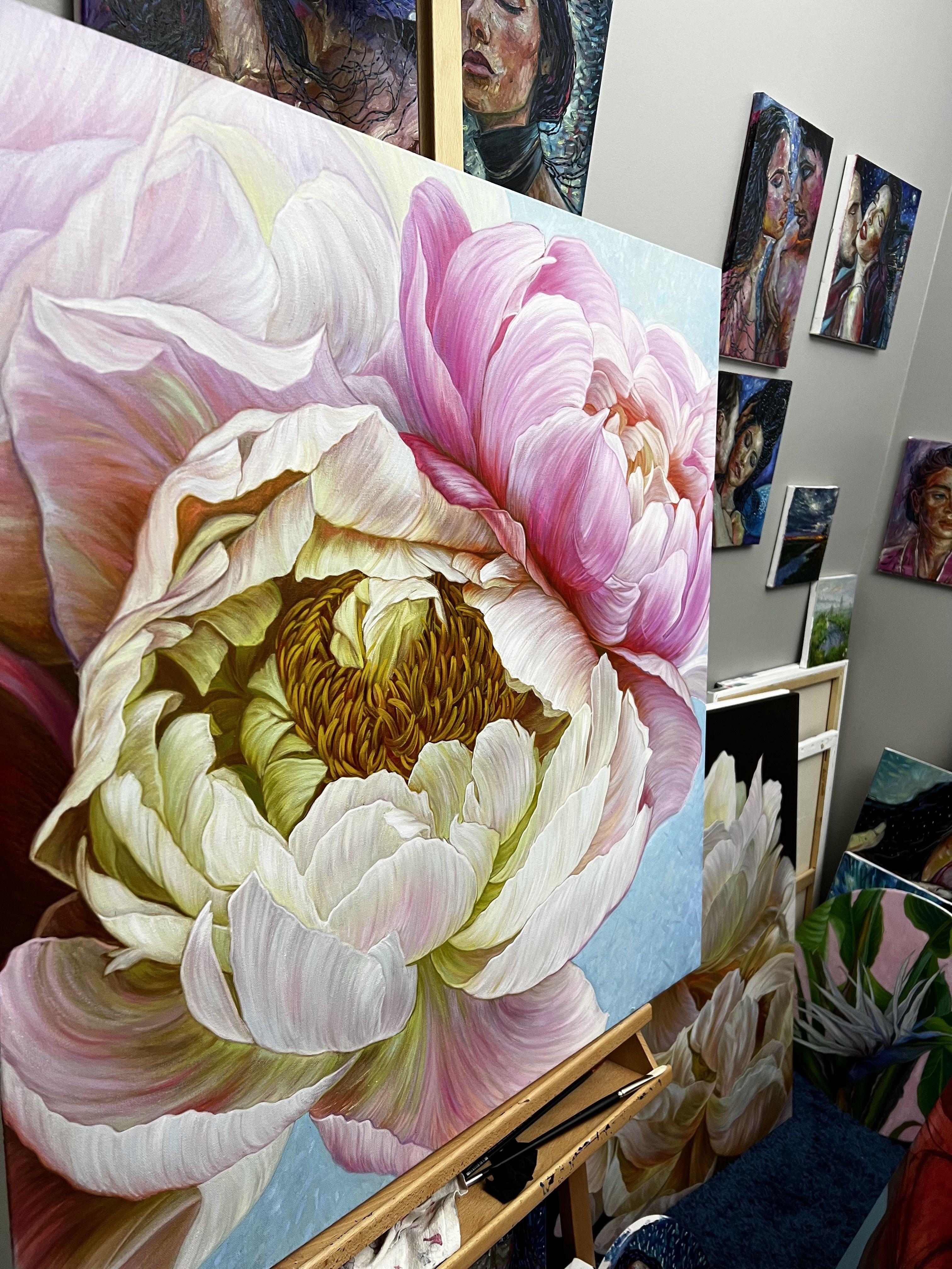 A pair of peonies in a delicate color, Painting, Oil on Canvas For Sale 3