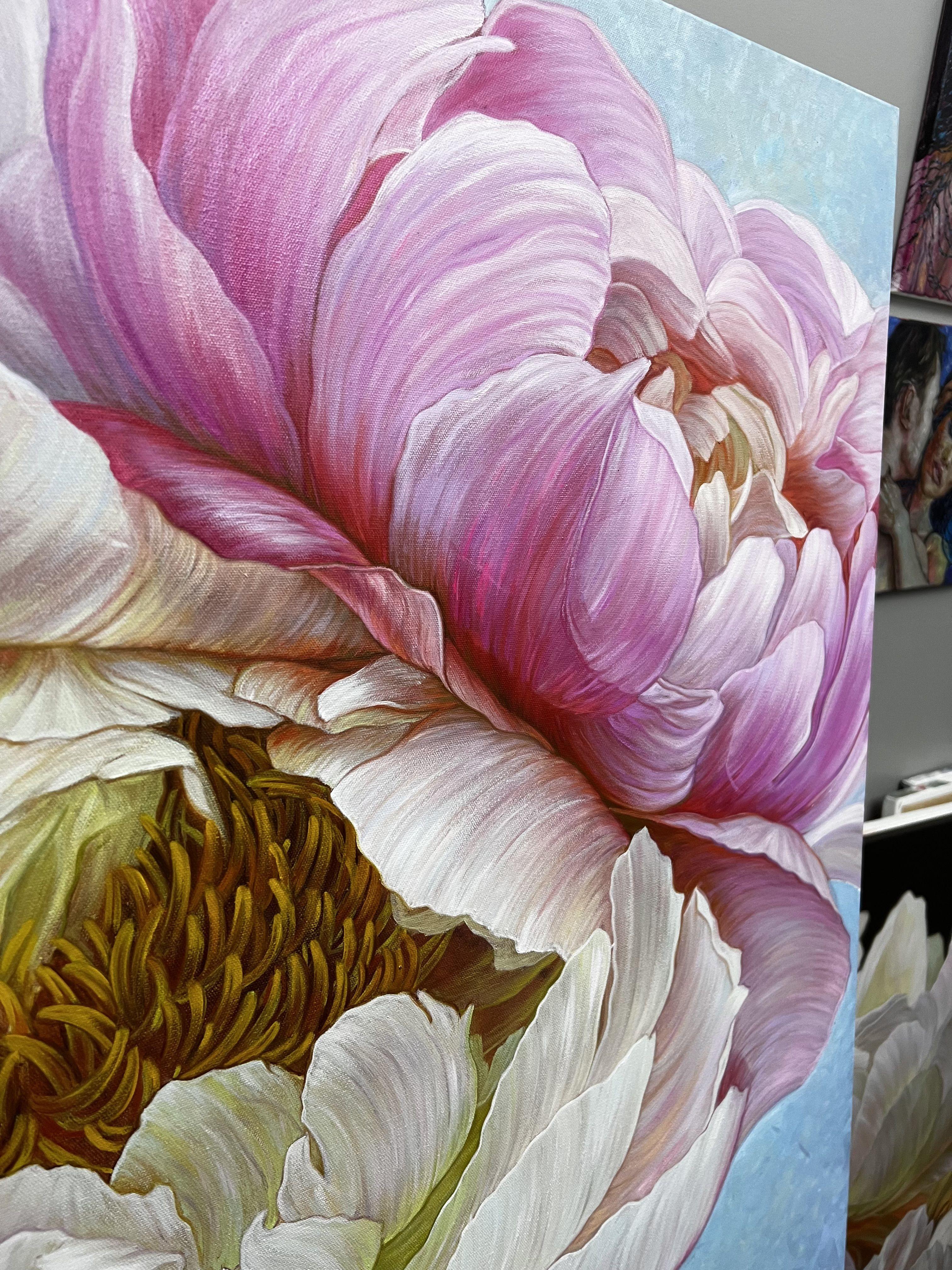 A pair of peonies in a delicate color, Painting, Oil on Canvas For Sale 4