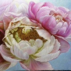A pair of peonies in a delicate color, Painting, Oil on Canvas