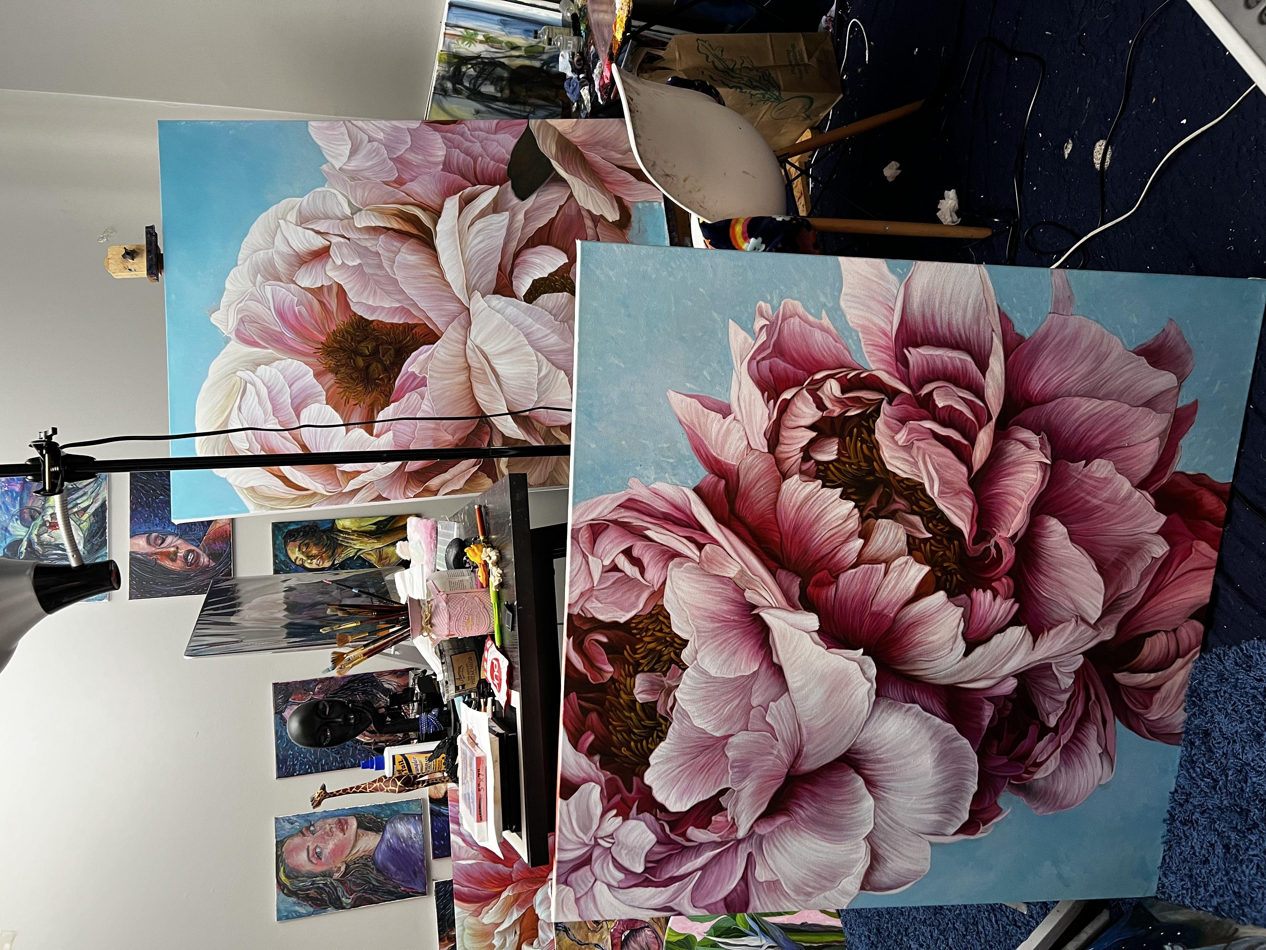 A pair of peonies on an airy background, Painting, Oil on Canvas For Sale 1