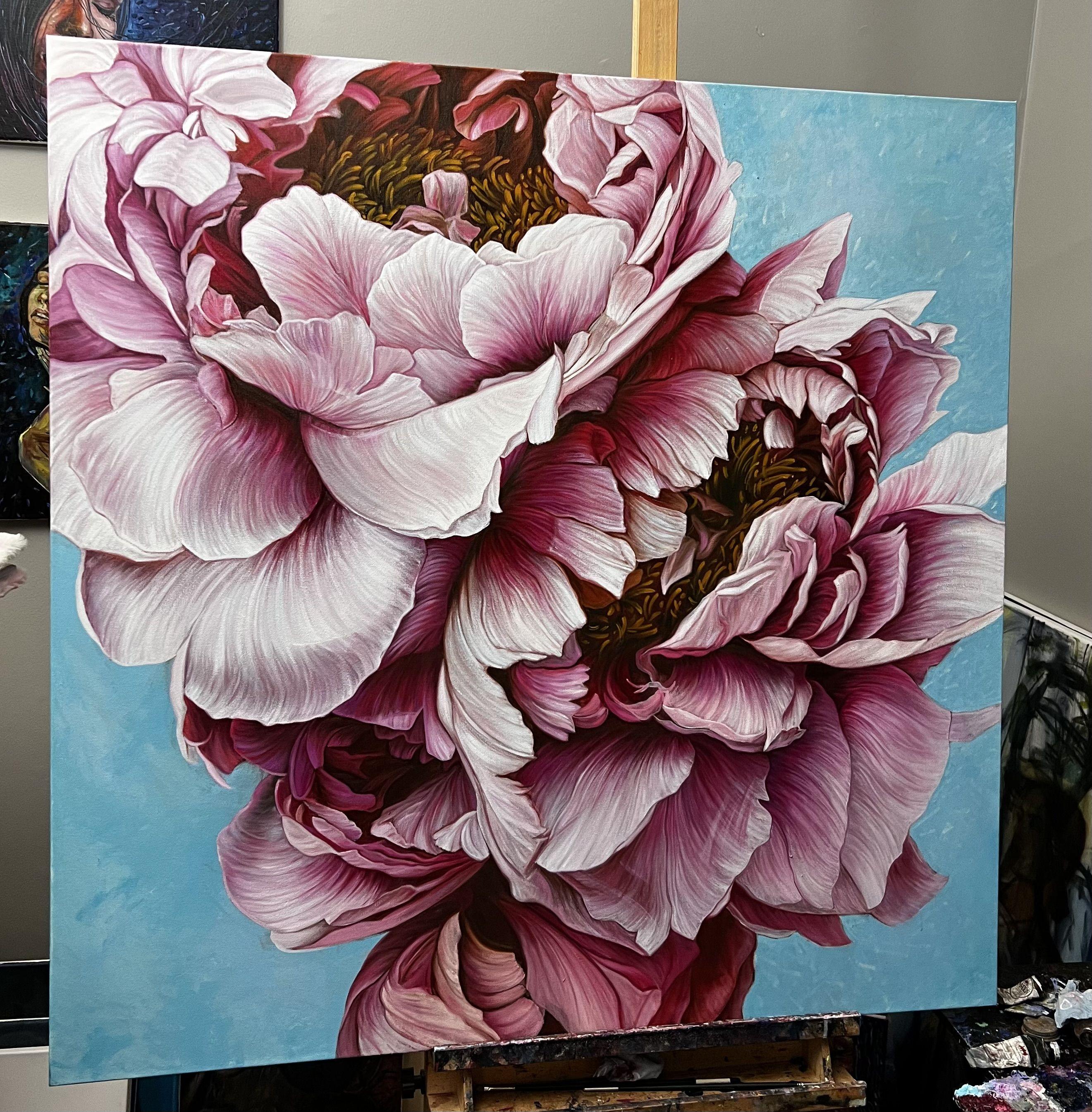 A pair of peonies on an airy background, Painting, Oil on Canvas For Sale 4