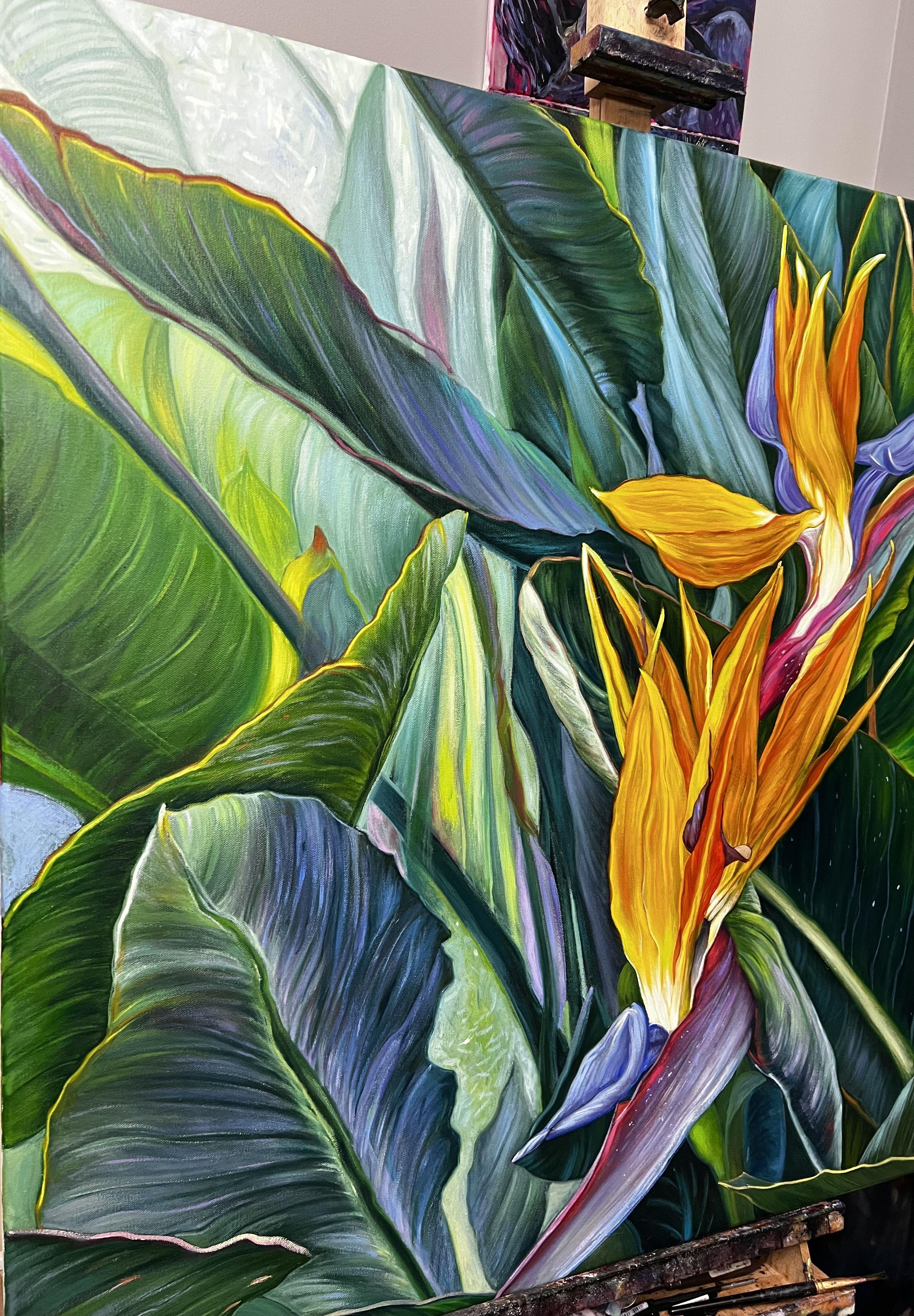 Flower arrangement of tropical plants. Made on canvas gallery stretch, professional paints. Before sending, the painting will be covered with a protective varnish :: Painting :: Photorealism :: This piece comes with an official certificate of
