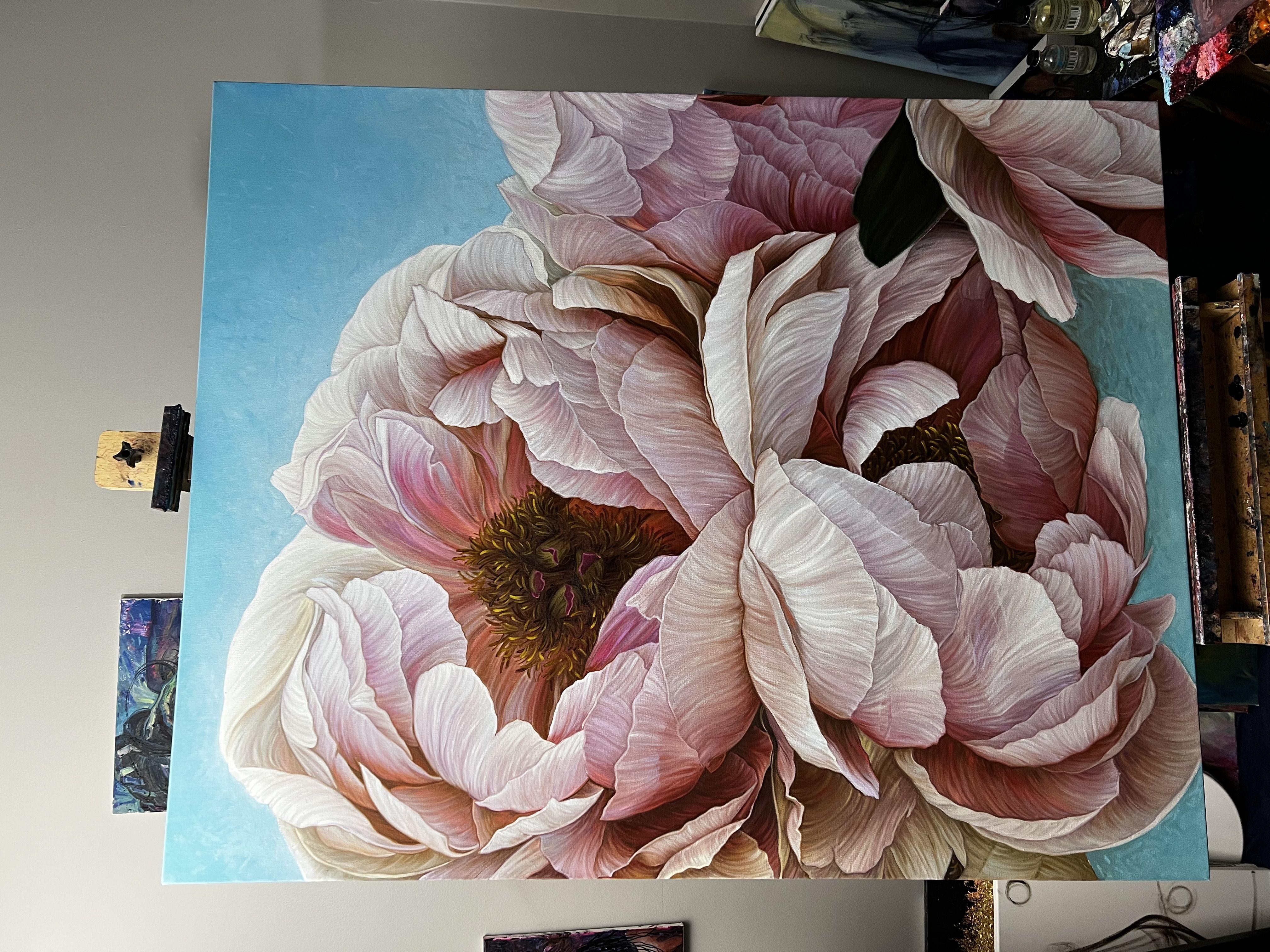 Une composition de pivoines réalisée dans de délicats abat-jour de café rose.... Le fond est aéré, d'un turquoise clair. Le tableau est prêt à être accroché au mur. Le tableau sera recouvert d'un vernis protecteur avant l'expédition :: : Peinture :