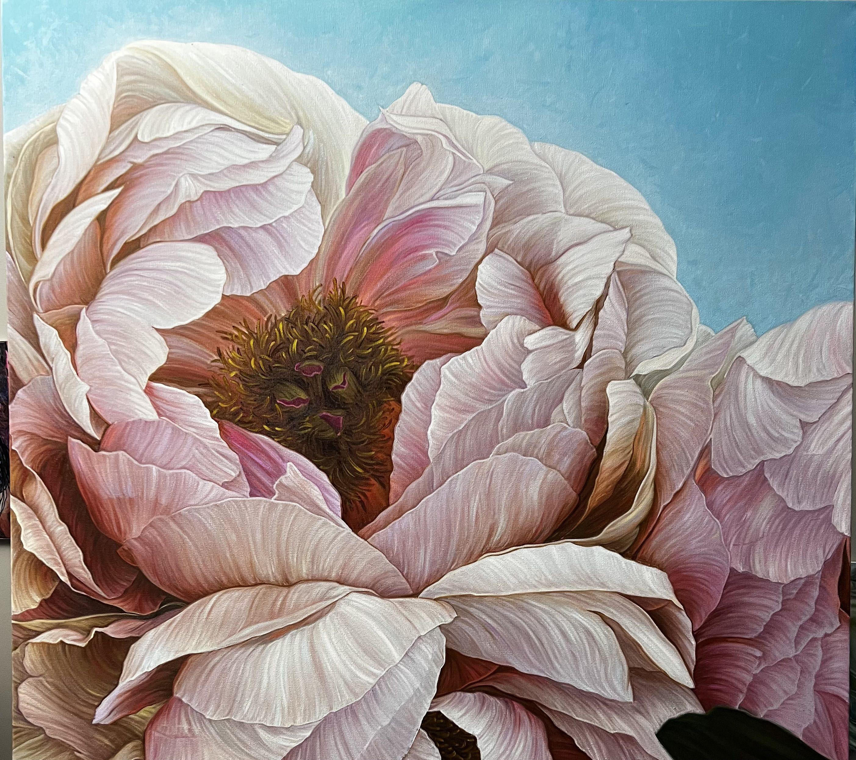 Peinture, huile sur toile rose café en vente 2