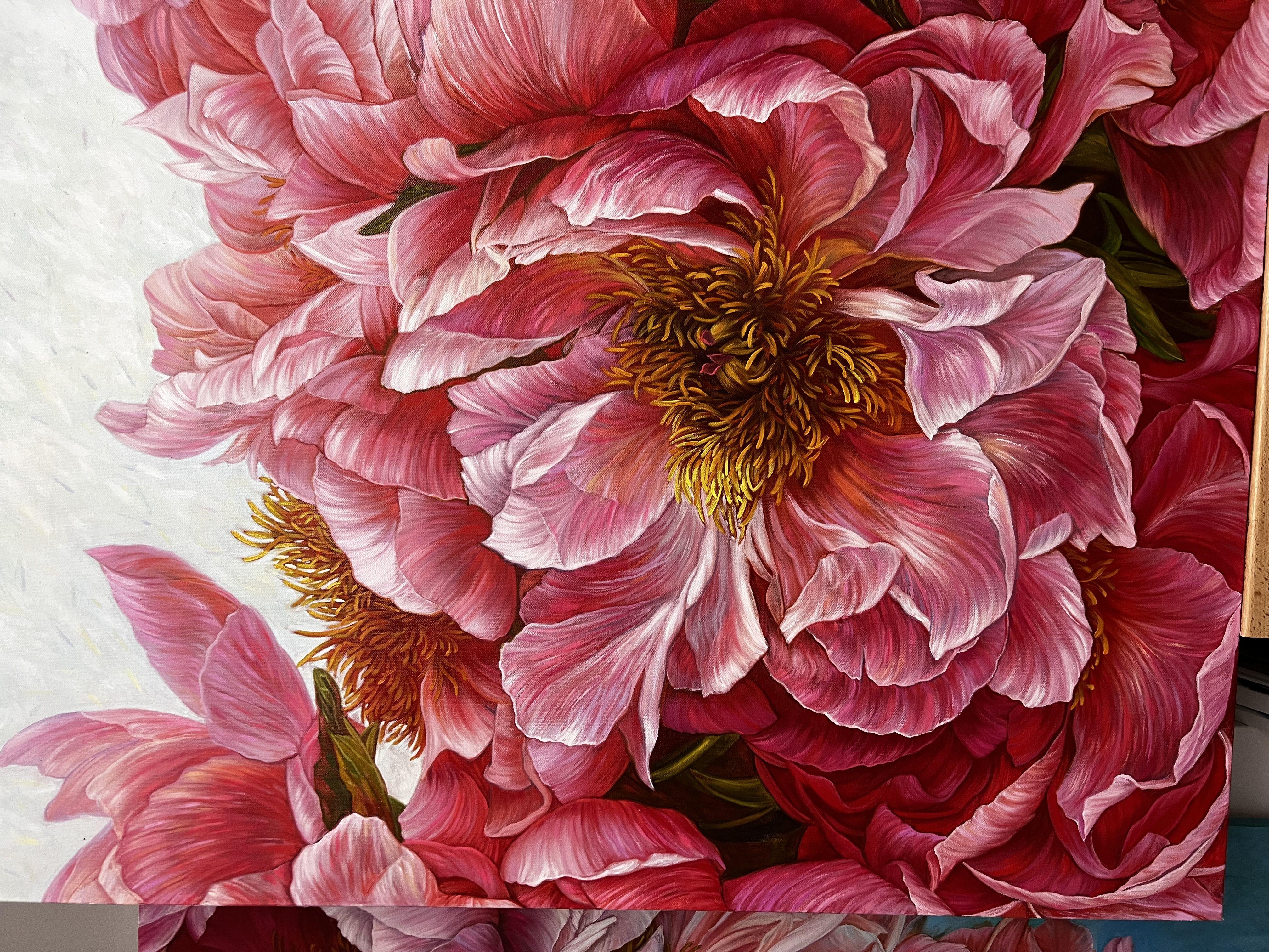 Zusammensetzung roter Pfingstrosen, Gemälde, Öl auf Leinwand (Fotorealismus), Painting, von Elena  Podmarkova 