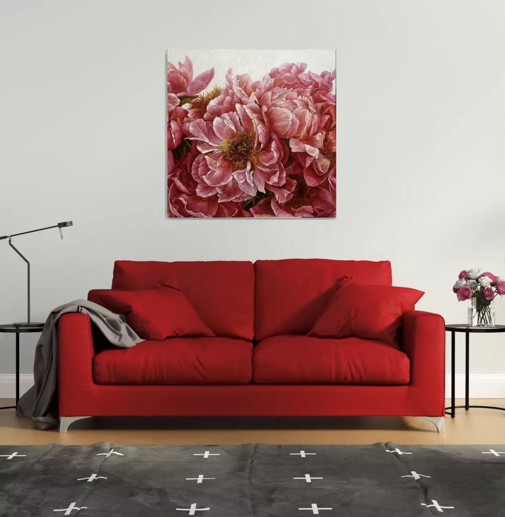 Zusammensetzung roter Pfingstrosen, Gemälde, Öl auf Leinwand im Angebot 2