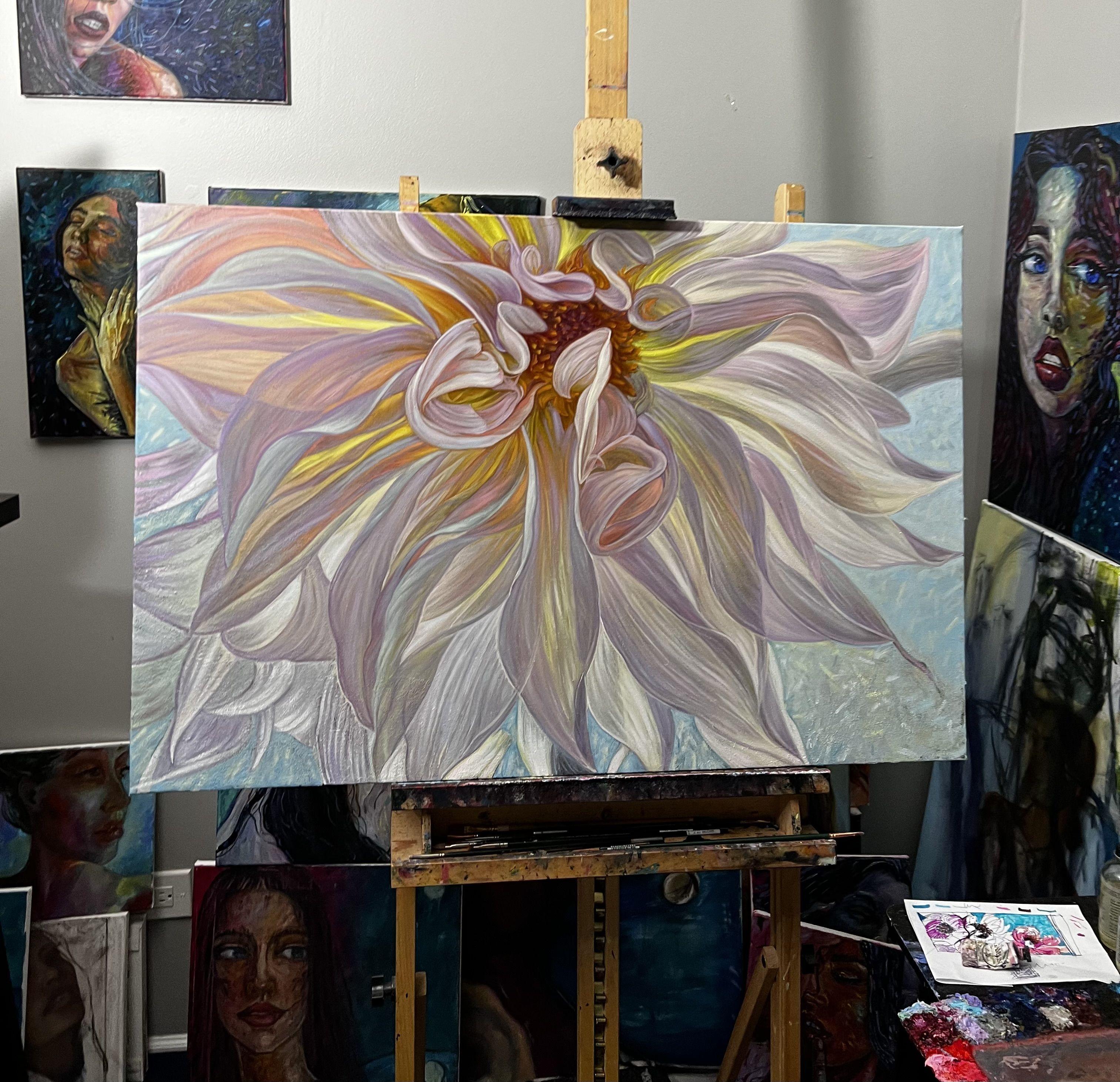 Dahlia, Gemälde, Öl auf Leinwand im Angebot 1