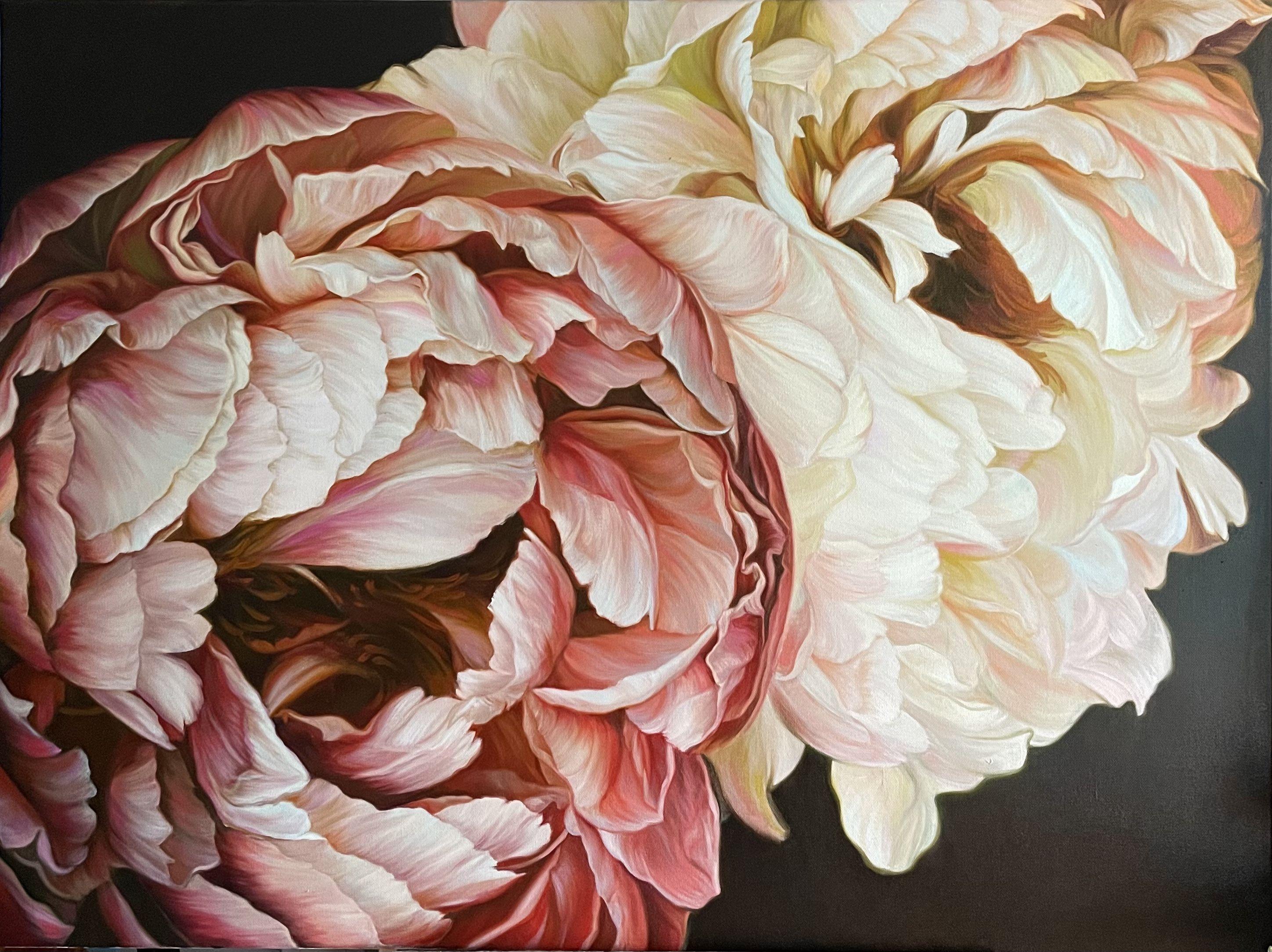 Duet of Peonies 2 . The year of creation is 2022 . Oil on canvas, signature on the reverse side :: Painting :: Realism :: This piece comes with an official certificate of authenticity signed by the artist :: Ready to Hang: Yes :: Signed: Yes ::