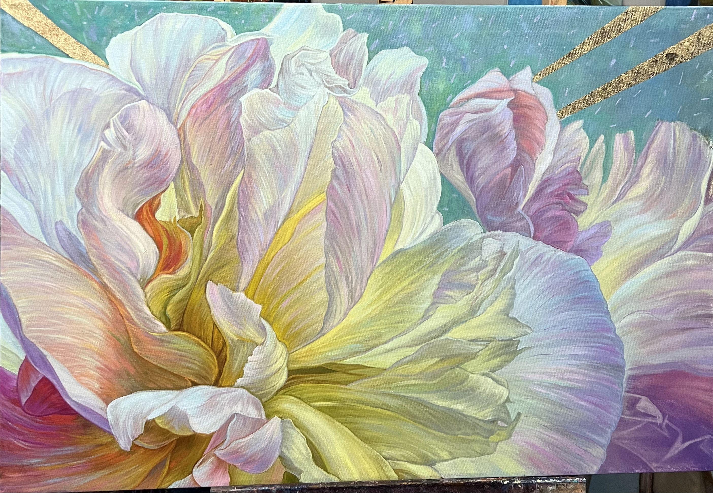 Flowers with gold rays, Painting, Oil on Canvas For Sale 3