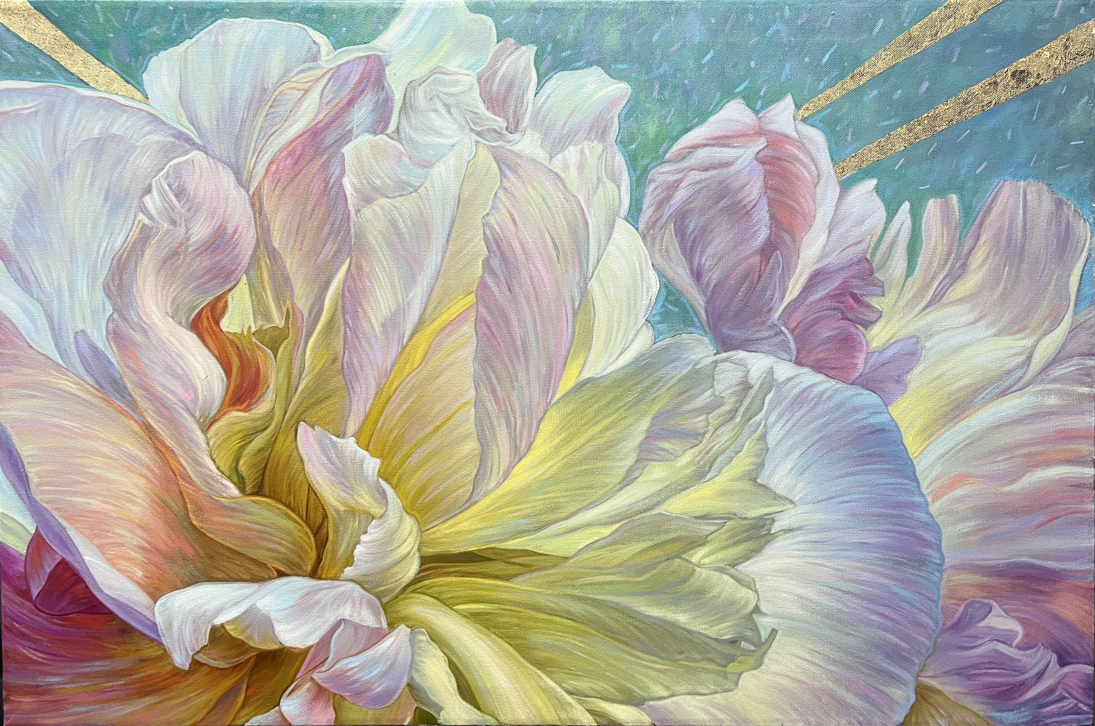 Flowers with delightful iridescences of shades and semitones. The background is filled with acrylic, the rays are gold leaf . 2023  :: Painting :: Realism :: This piece comes with an official certificate of authenticity signed by the artist :: Ready