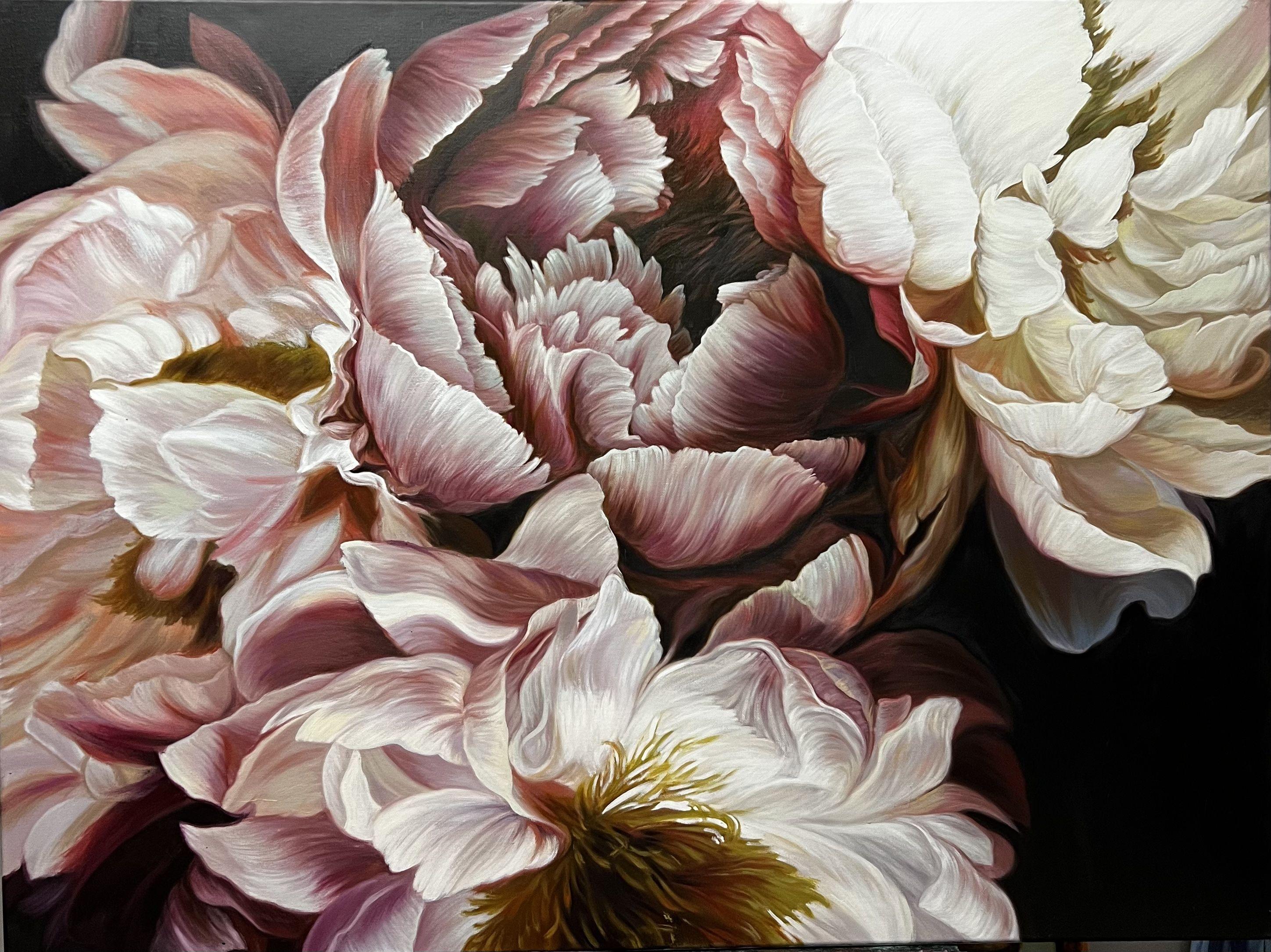 Peonies on the dark background, Painting, Oil on Canvas For Sale 1