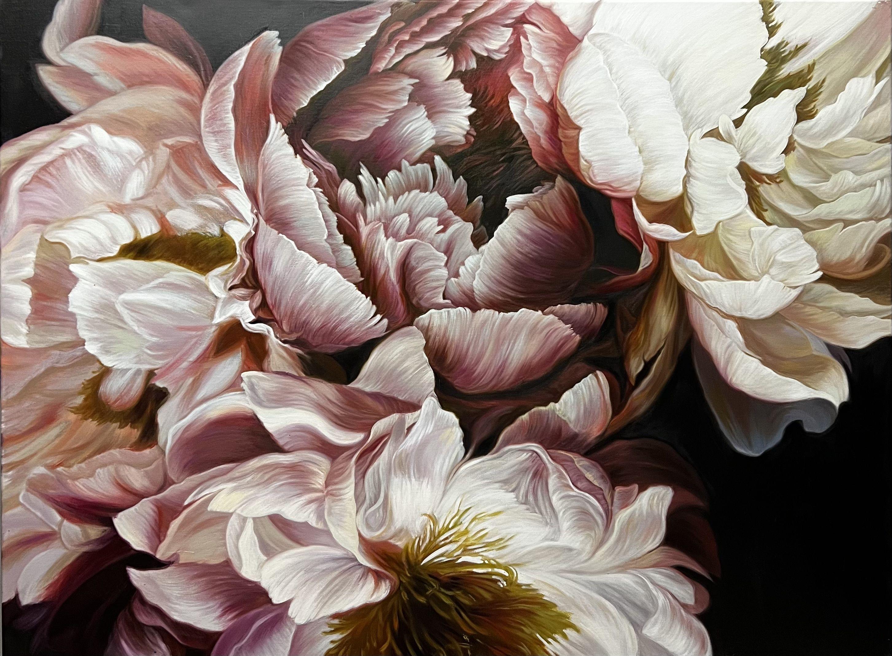Peonie su sfondo scuro, Pittura, Olio su tela - Painting di Elena  Podmarkova 