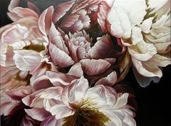 Peonies on the dark background, Painting, Oil on Canvas