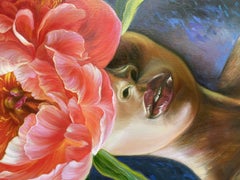 Portrait with red flowers, Painting, Oil on Canvas