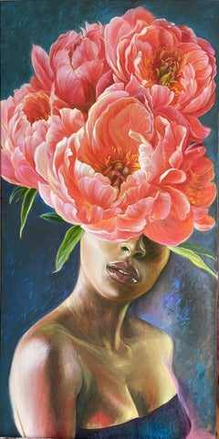 Portrait avec fleurs rouges, peinture sur toile