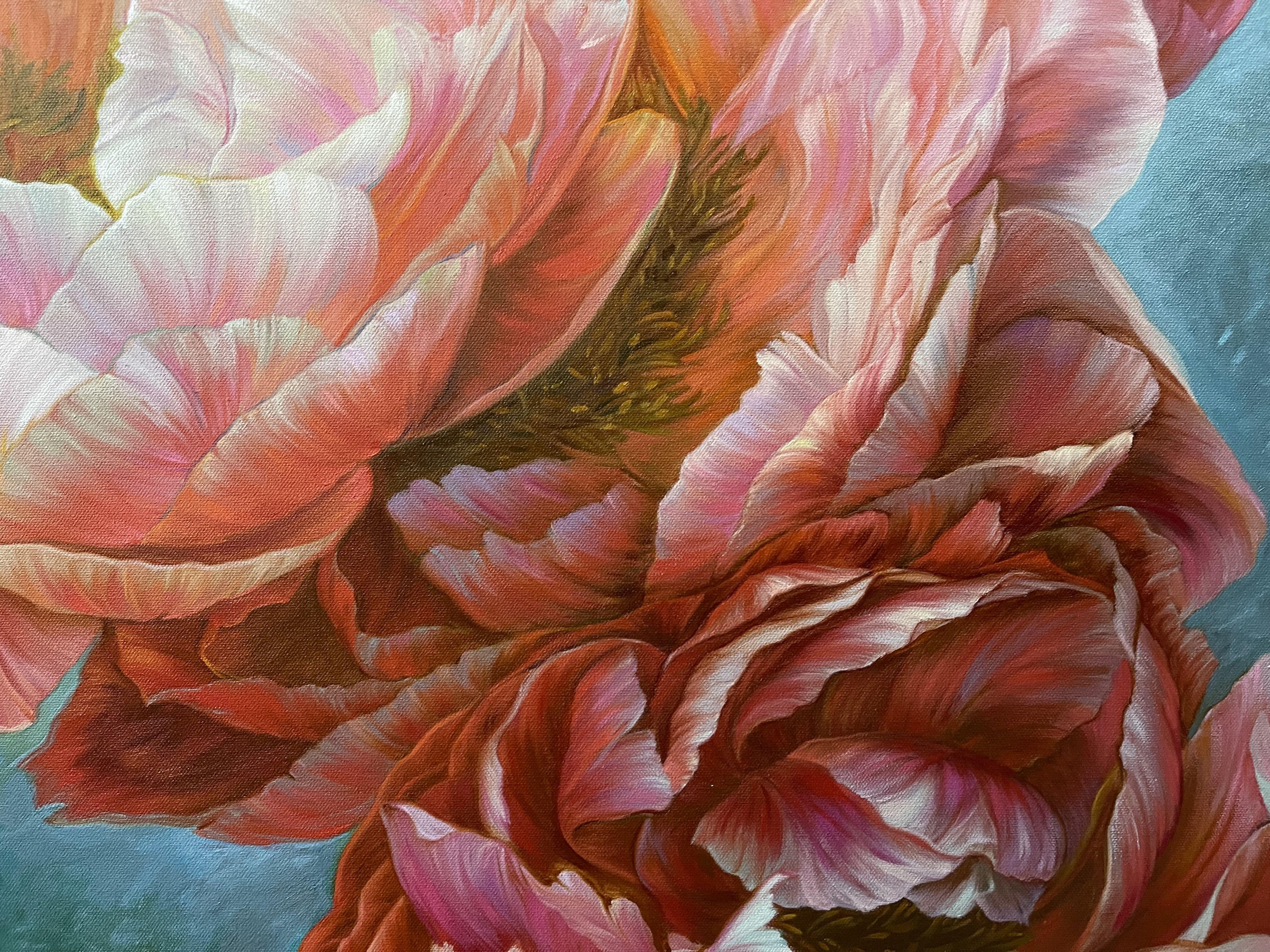 Red peonies on a turquoise background , 2022 :: Painting :: Photorealism :: This piece comes with an official certificate of authenticity signed by the artist :: Ready to Hang: Yes :: Signed: Yes :: Signature Location: Podmarkova  :: Canvas ::