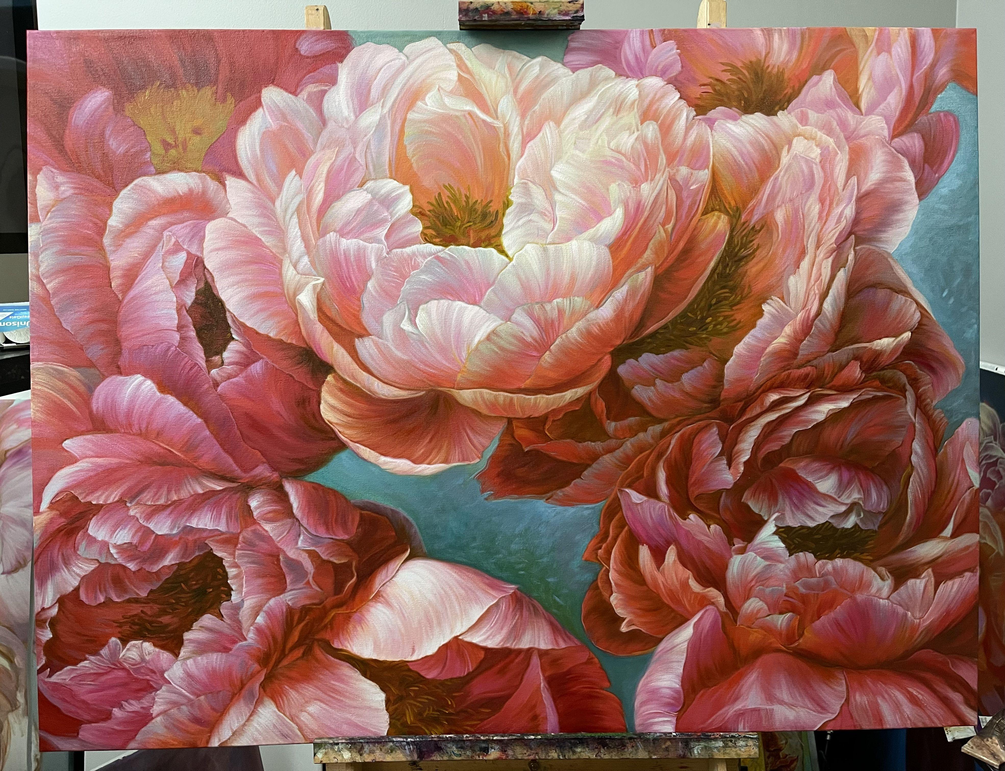 Red peonies on a turquoise background, Painting, Oil on Canvas For Sale 1