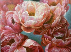 Red peonies on a turquoise background, Painting, Oil on Canvas