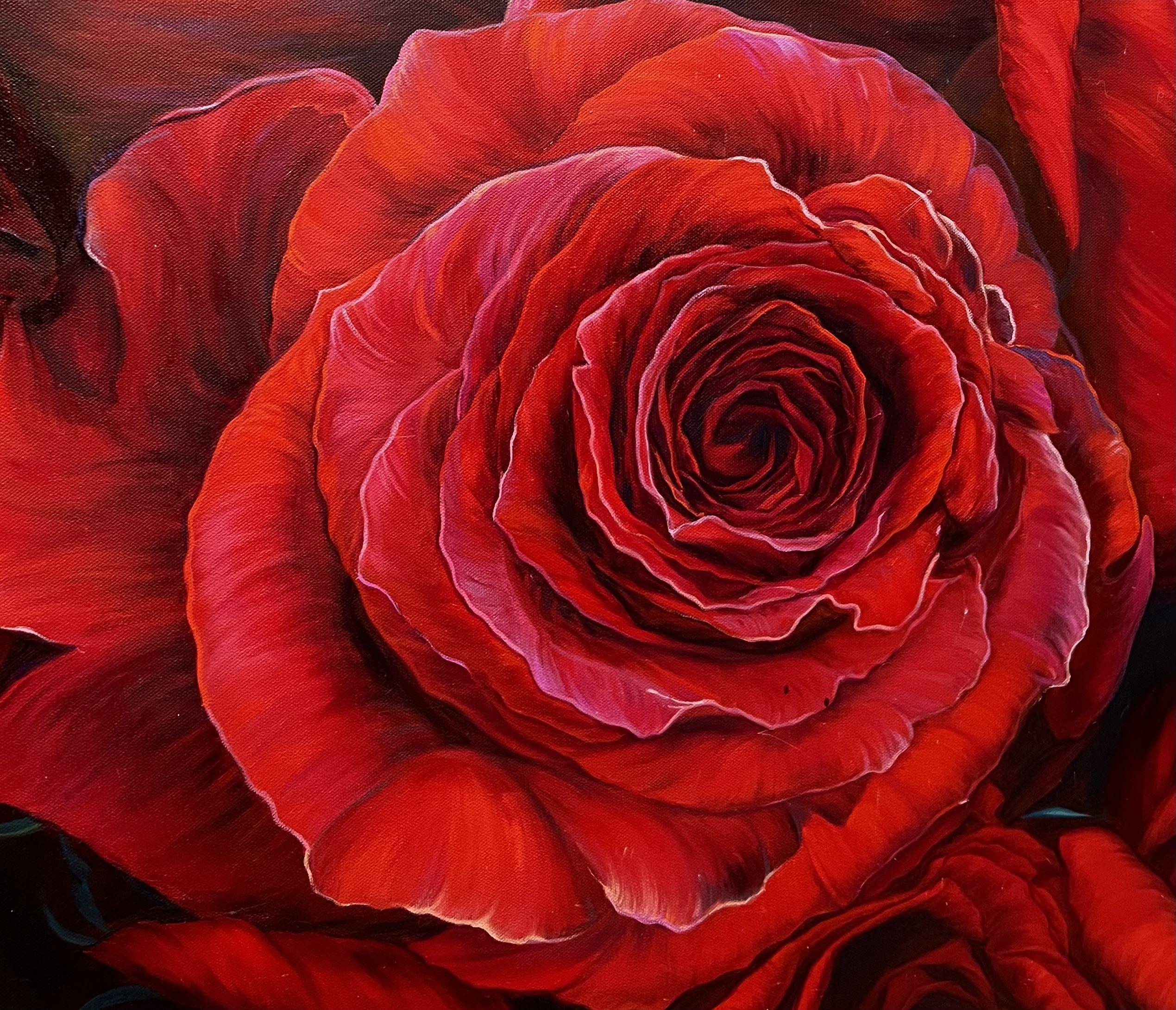 Rote Rosen, Gemälde, Öl auf Leinwand (Fotorealismus), Painting, von Elena  Podmarkova 