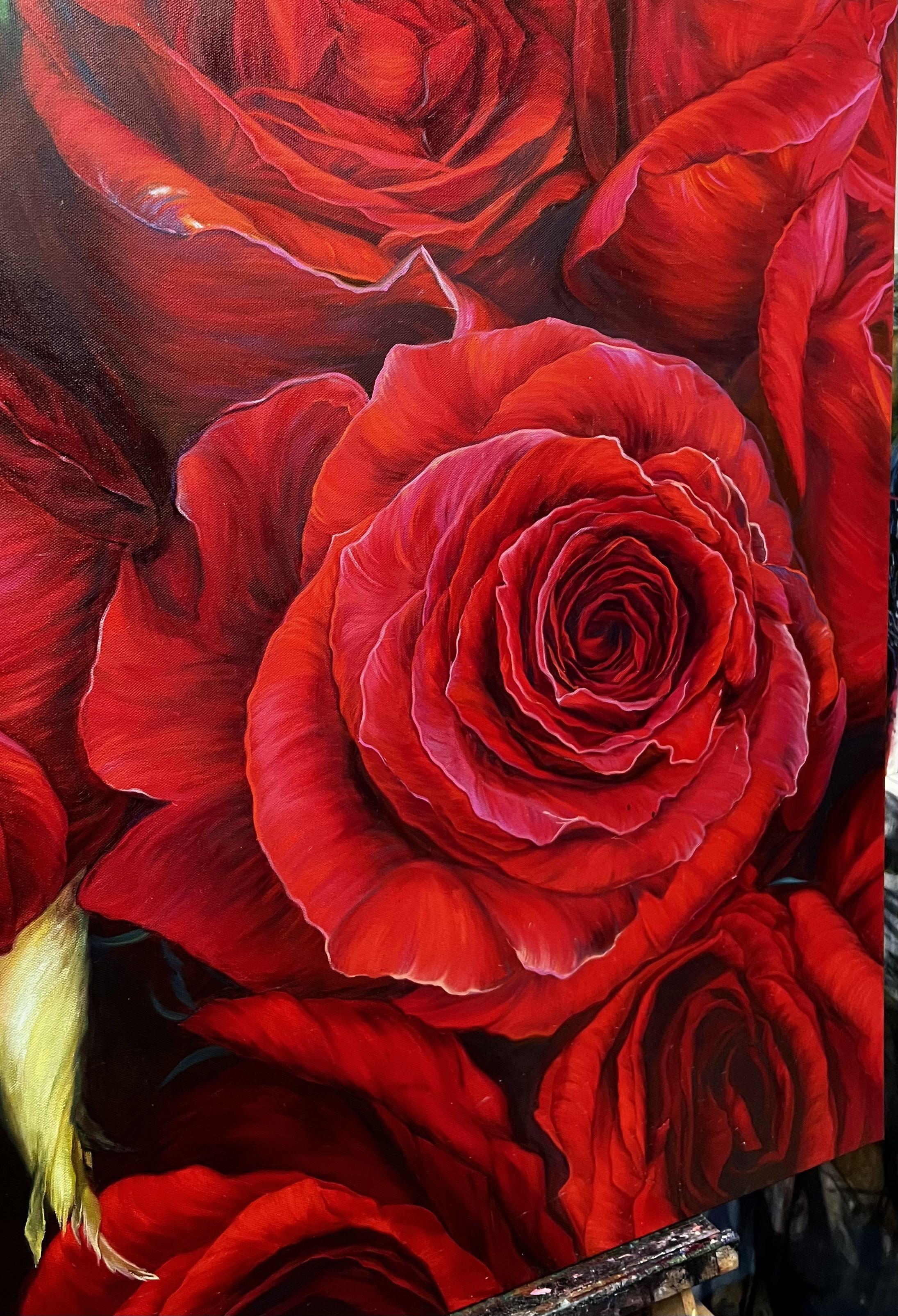 Rote Rosen, Gemälde, Öl auf Leinwand im Angebot 1