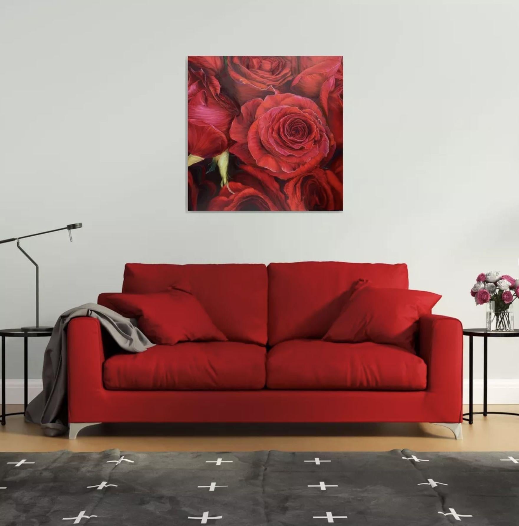 Rote Rosen, Gemälde, Öl auf Leinwand im Angebot 2