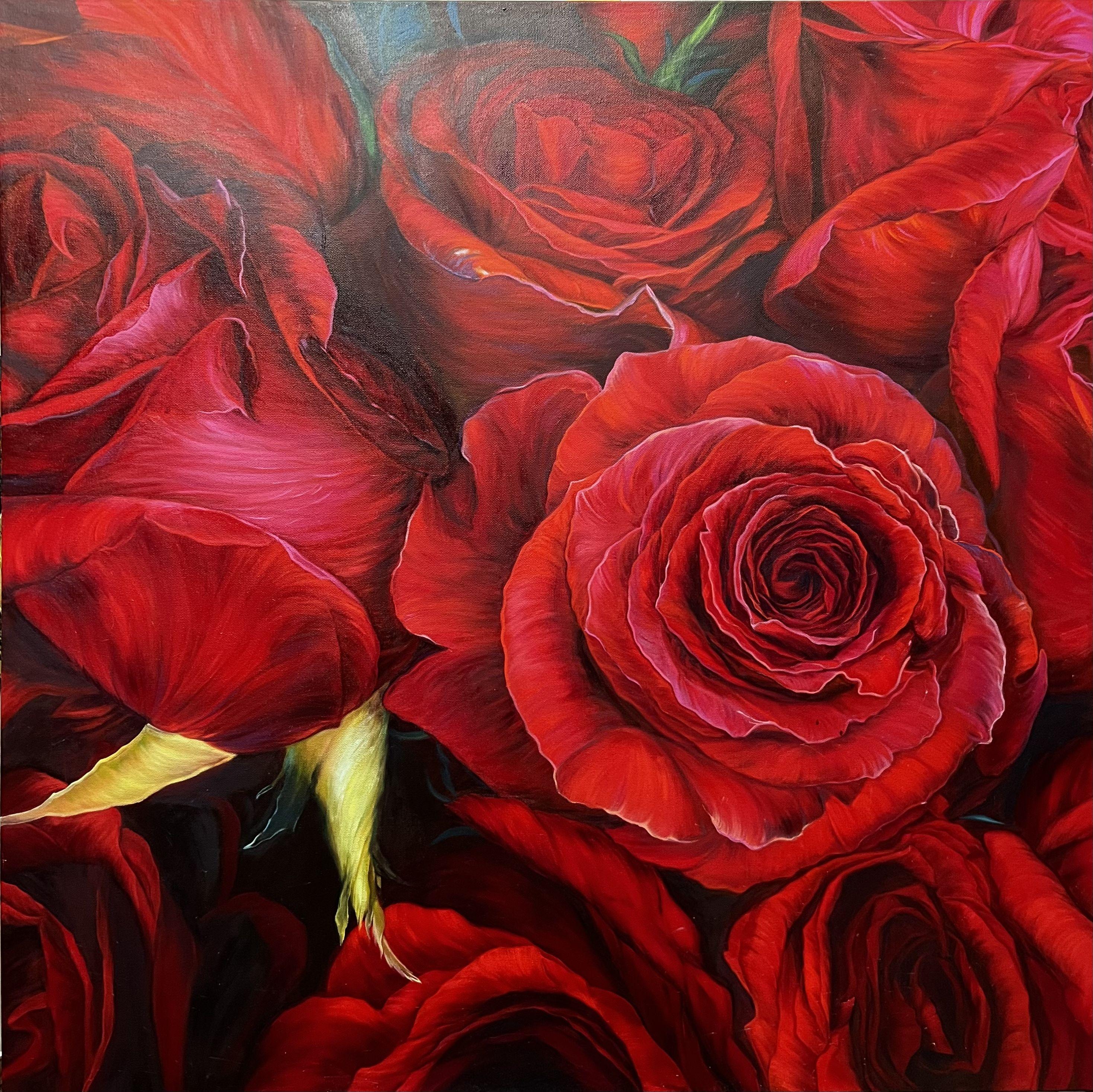 Rote Rosen, Gemälde, Öl auf Leinwand – Painting von Elena  Podmarkova 