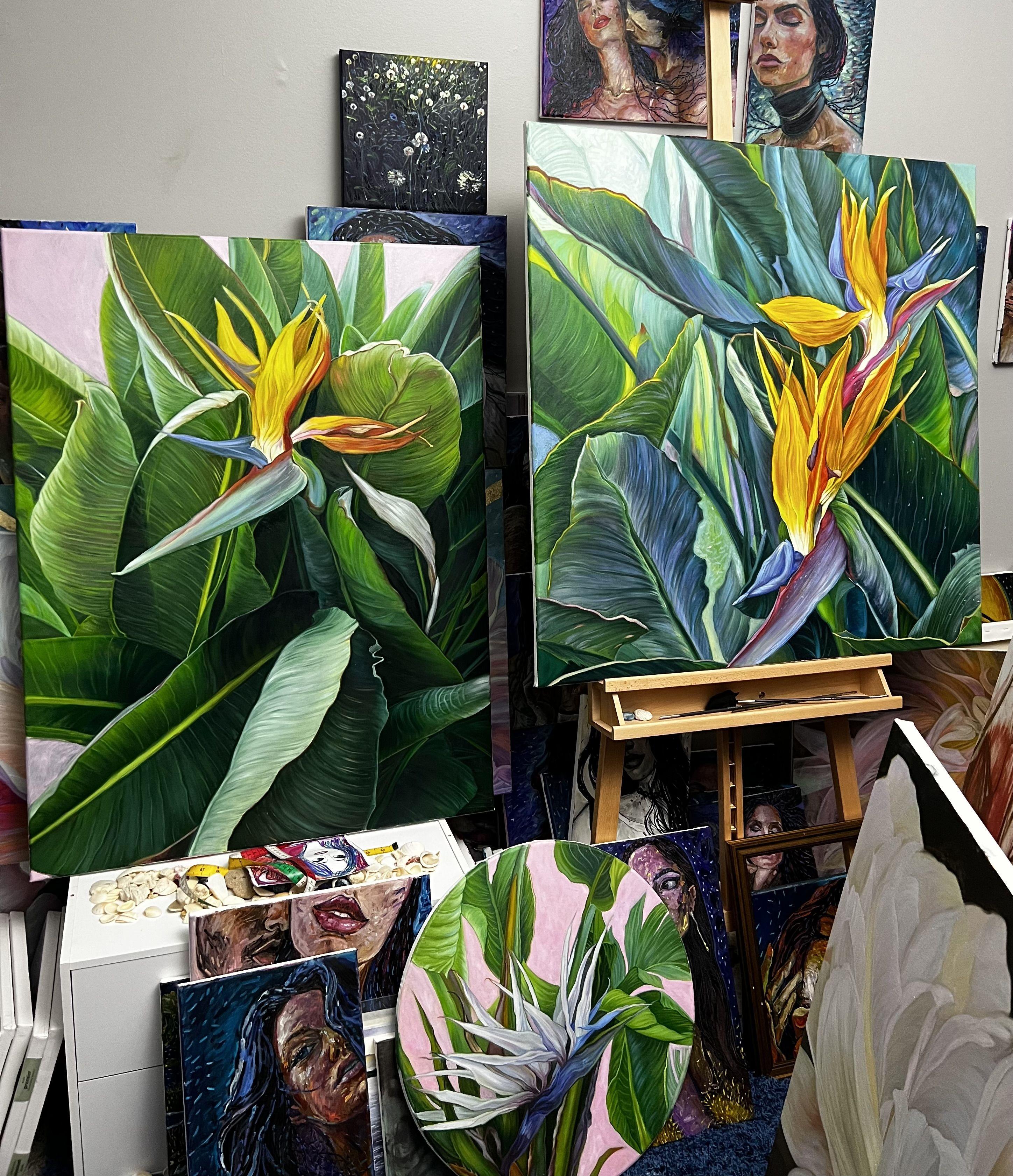 A trio of exotic plants . Each composition complements the other . An eye-pleasing green color that will fit into any interior :: Painting :: Realism :: This piece comes with an official certificate of authenticity signed by the artist :: Ready to