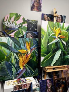 Triptych of exotic plants, Painting, Oil on Canvas