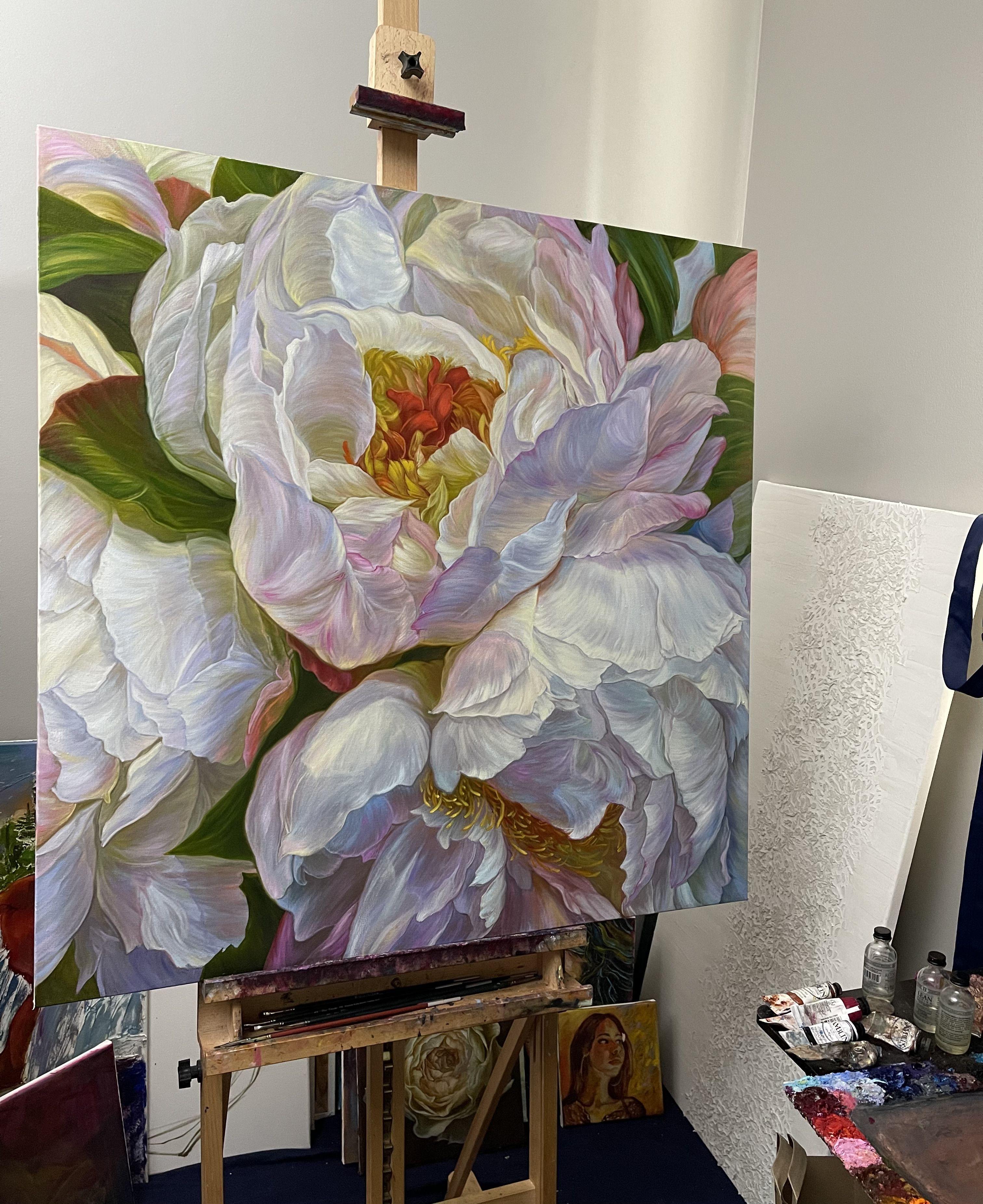 White peonies in a cold color, Painting, Oil on Canvas For Sale 1