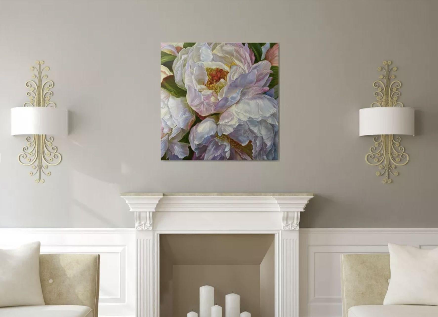 White peonies in a cold color, Painting, Oil on Canvas For Sale 3
