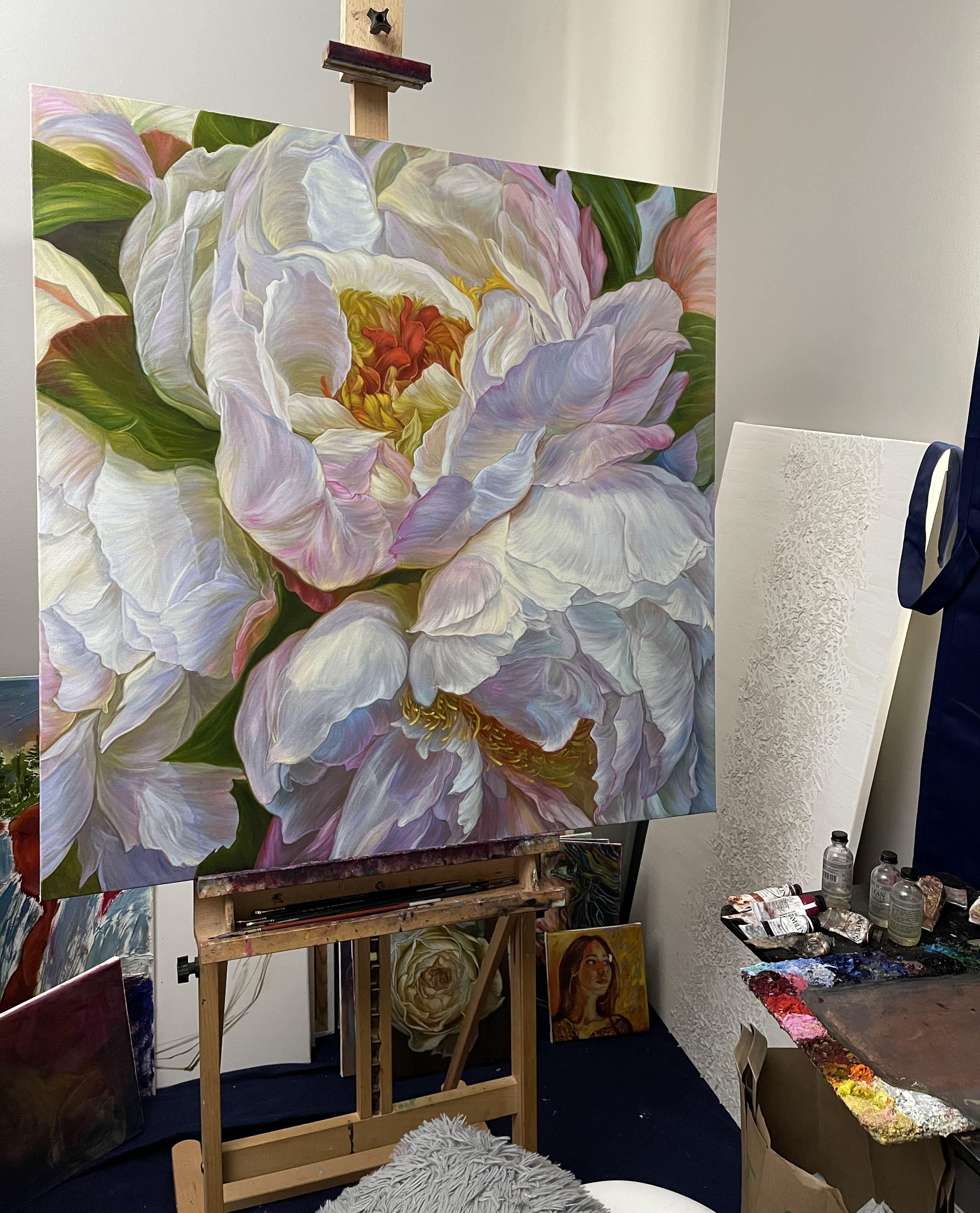 White peonies in a cold color, Painting, Oil on Canvas For Sale 4
